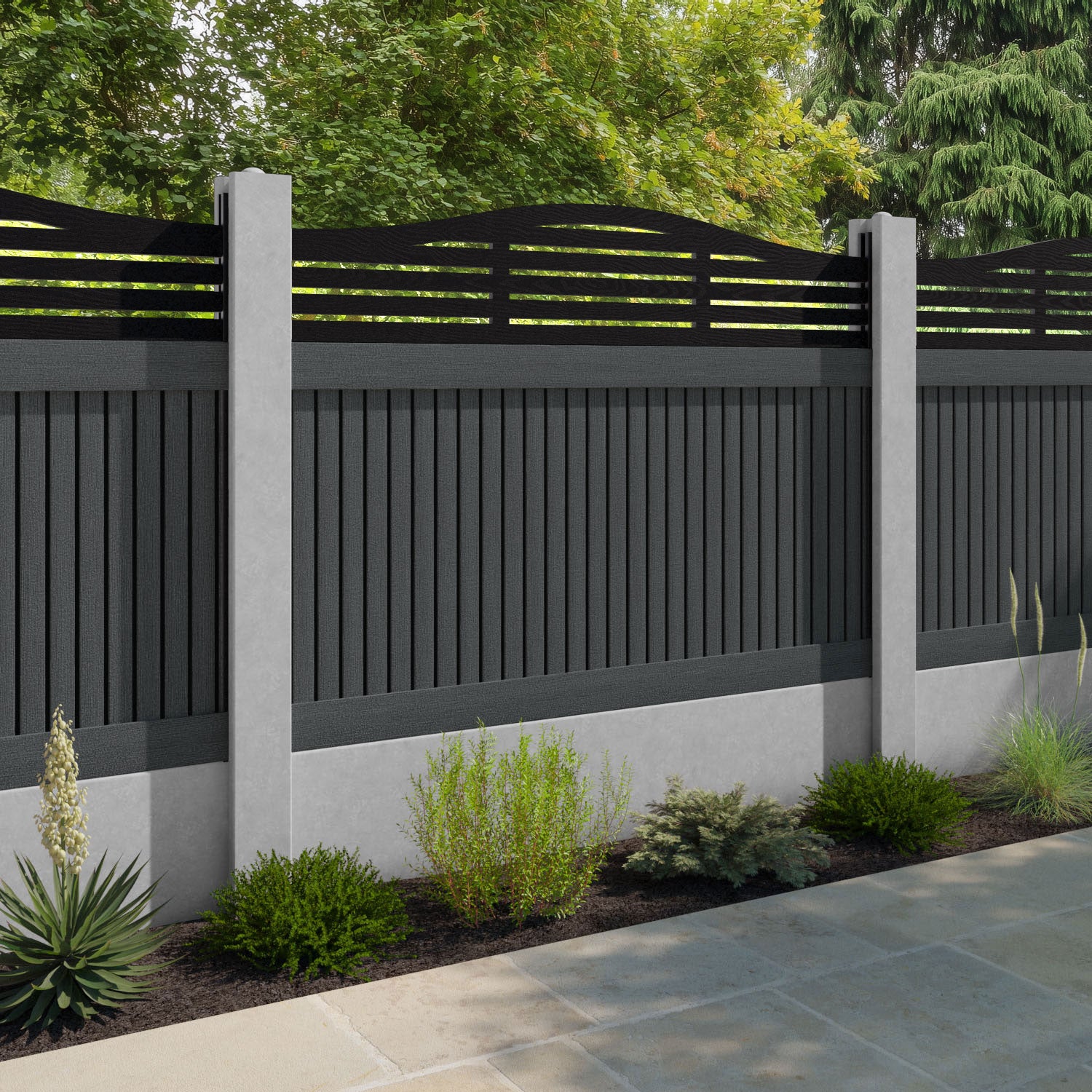 Virtis Aspen Curved Top Fence Panel - Dark Grey - for existing concrete posts