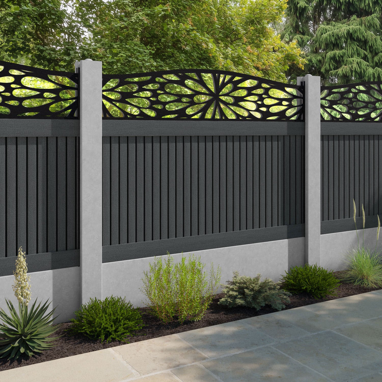 Virtis Blossom Curved Top Fence Panel - Dark Grey - for existing concrete posts