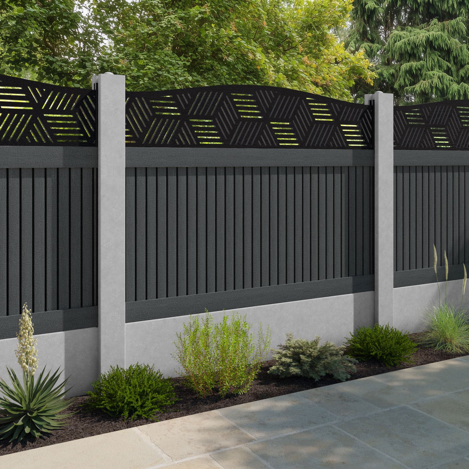 Virtis Cubed Curved Top Fence Panel - Dark Grey - for existing concrete posts