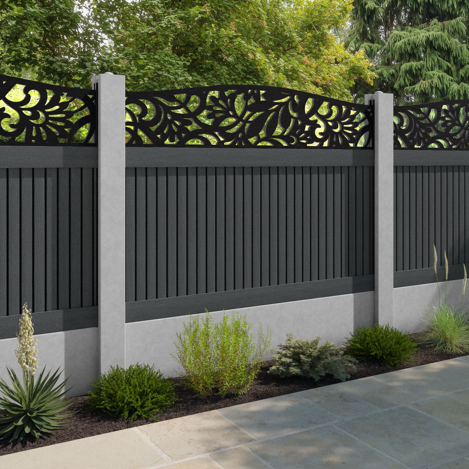 Virtis Heritage Curved Top Fence Panel - Dark Grey - for existing concrete posts