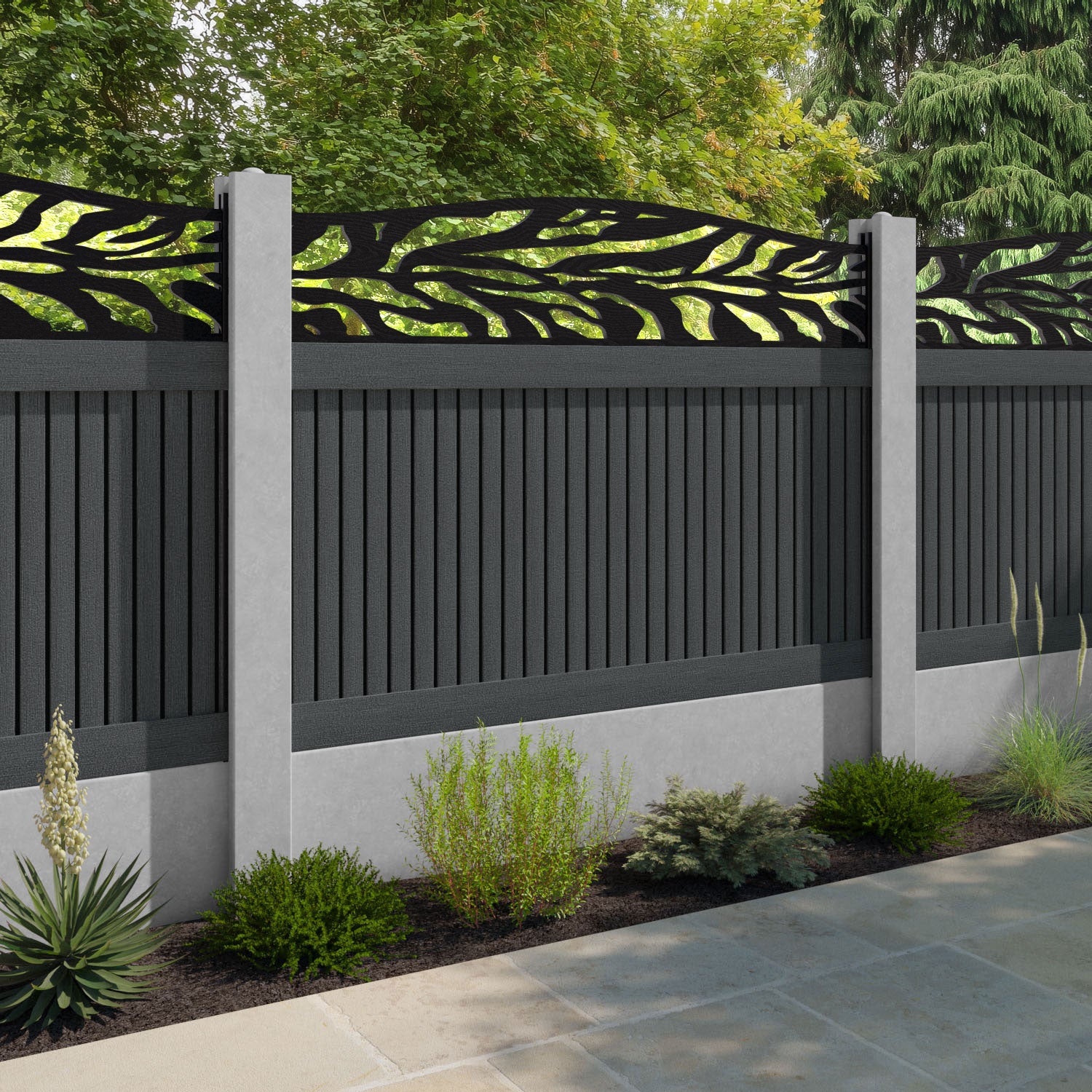 Virtis Malawi Curved Top Fence Panel - Dark Grey - for existing concrete posts
