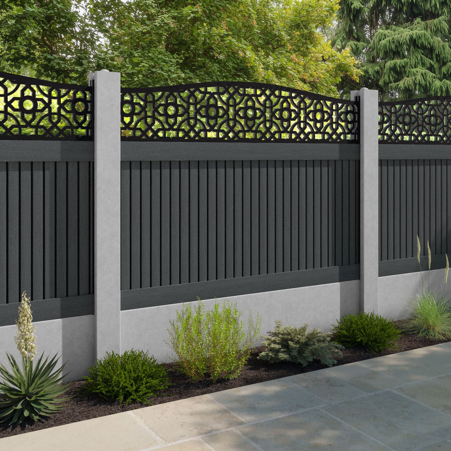 Virtis Nabila Curved Top Fence Panel - Dark Grey - for existing concrete posts