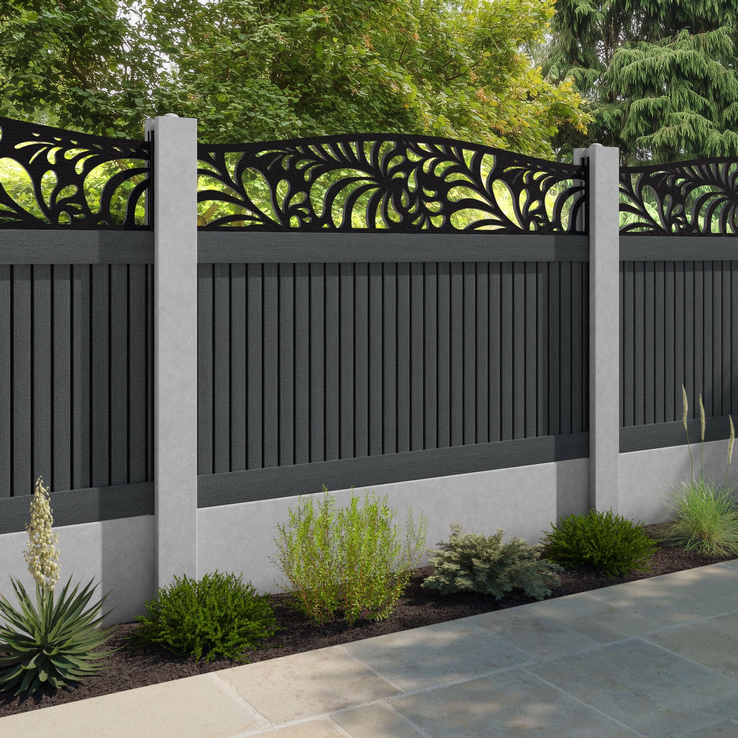 Virtis Petal Curved Top Fence Panel - Dark Grey - for existing concrete posts