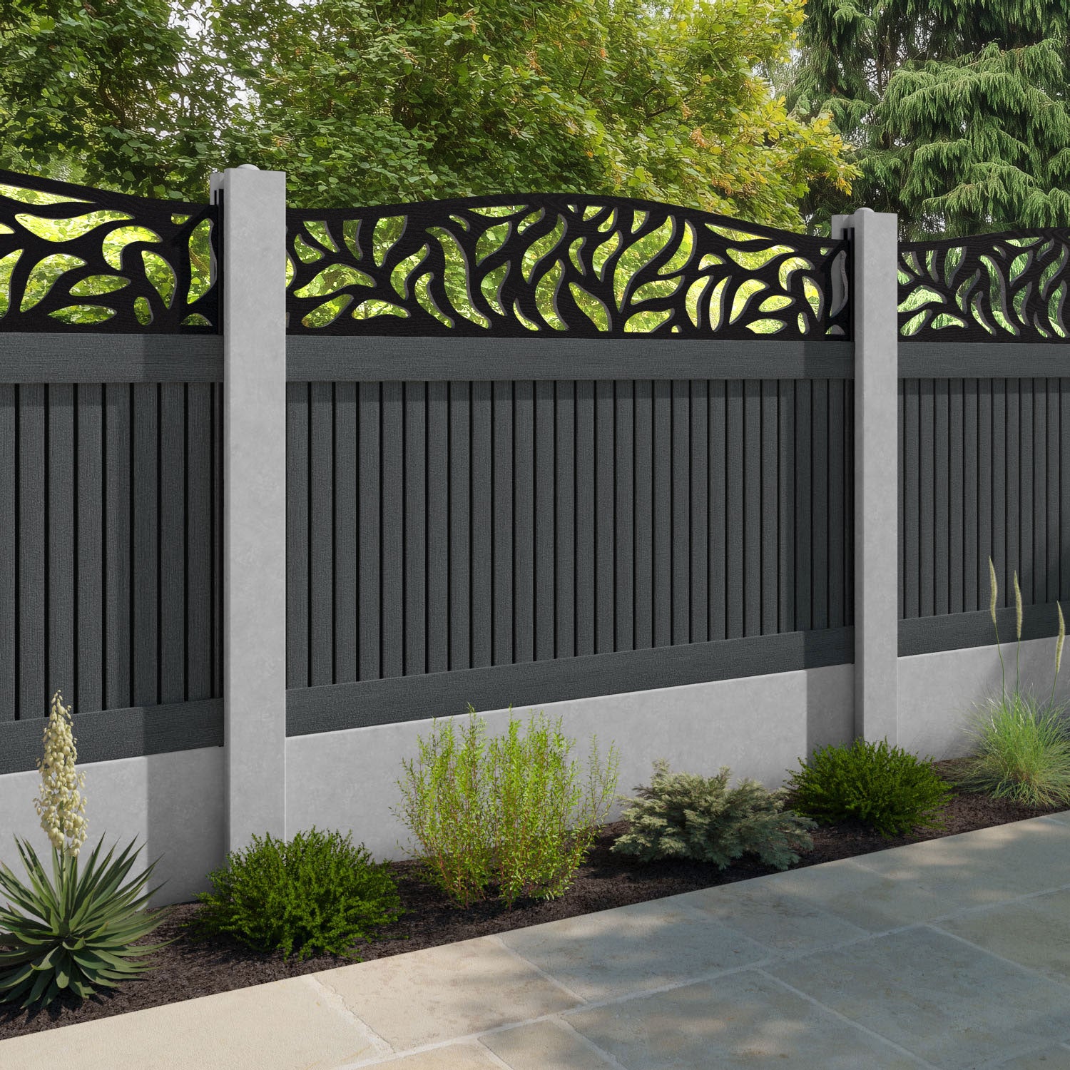 Virtis Plume Curved Top Fence Panel - Dark Grey - for existing concrete posts