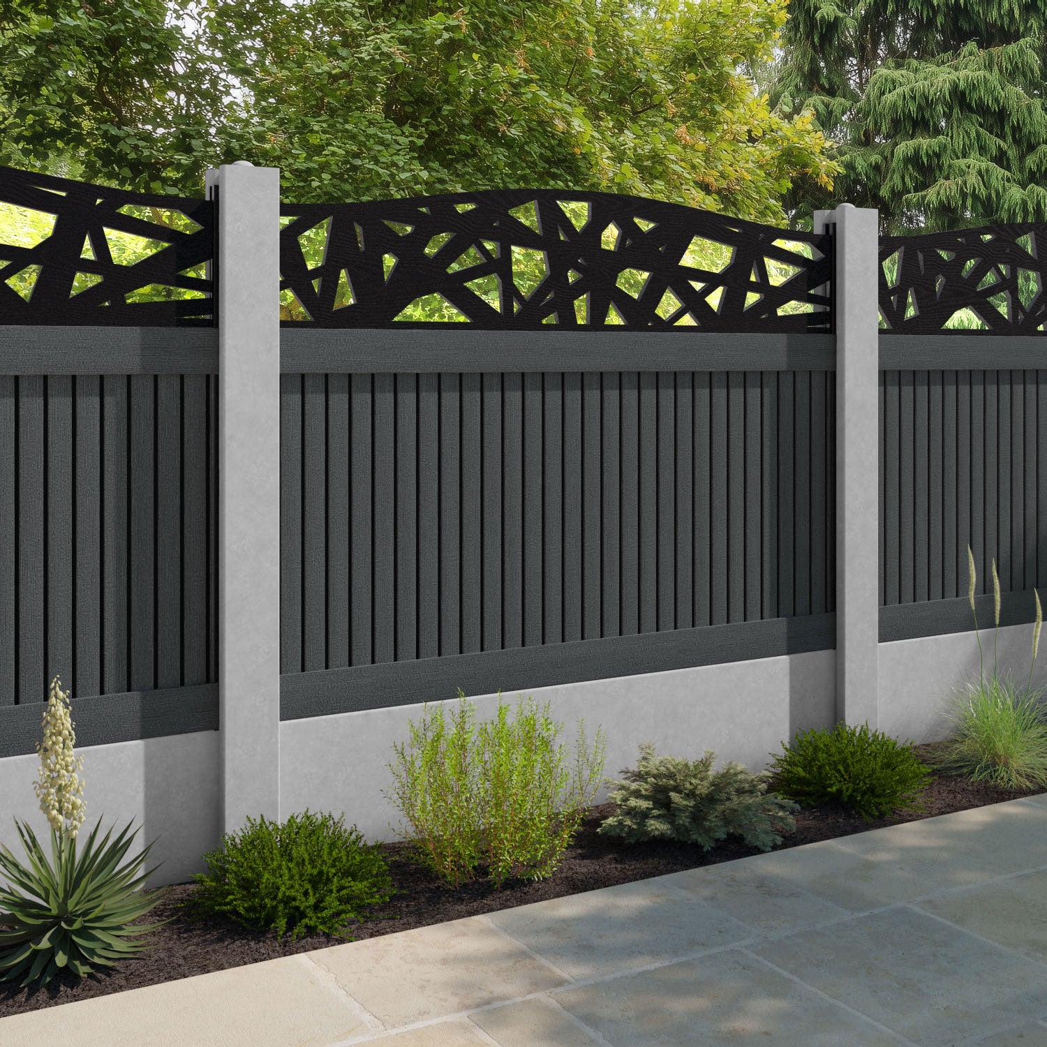 Virtis Prism Curved Top Fence Panel - Dark Grey - for existing concrete posts