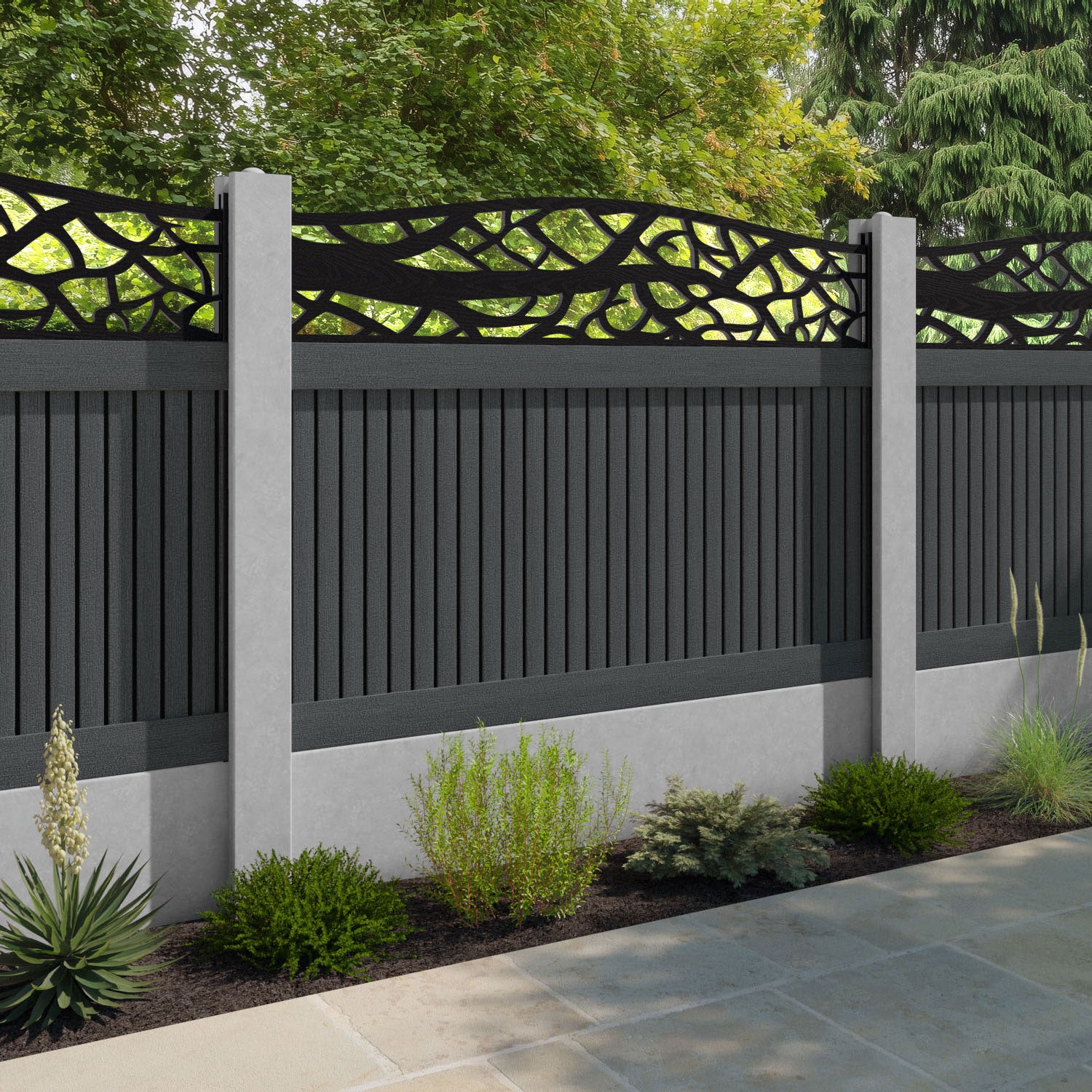 Virtis Twilight Curved Top Fence Panel - Dark Grey - for existing concrete posts
