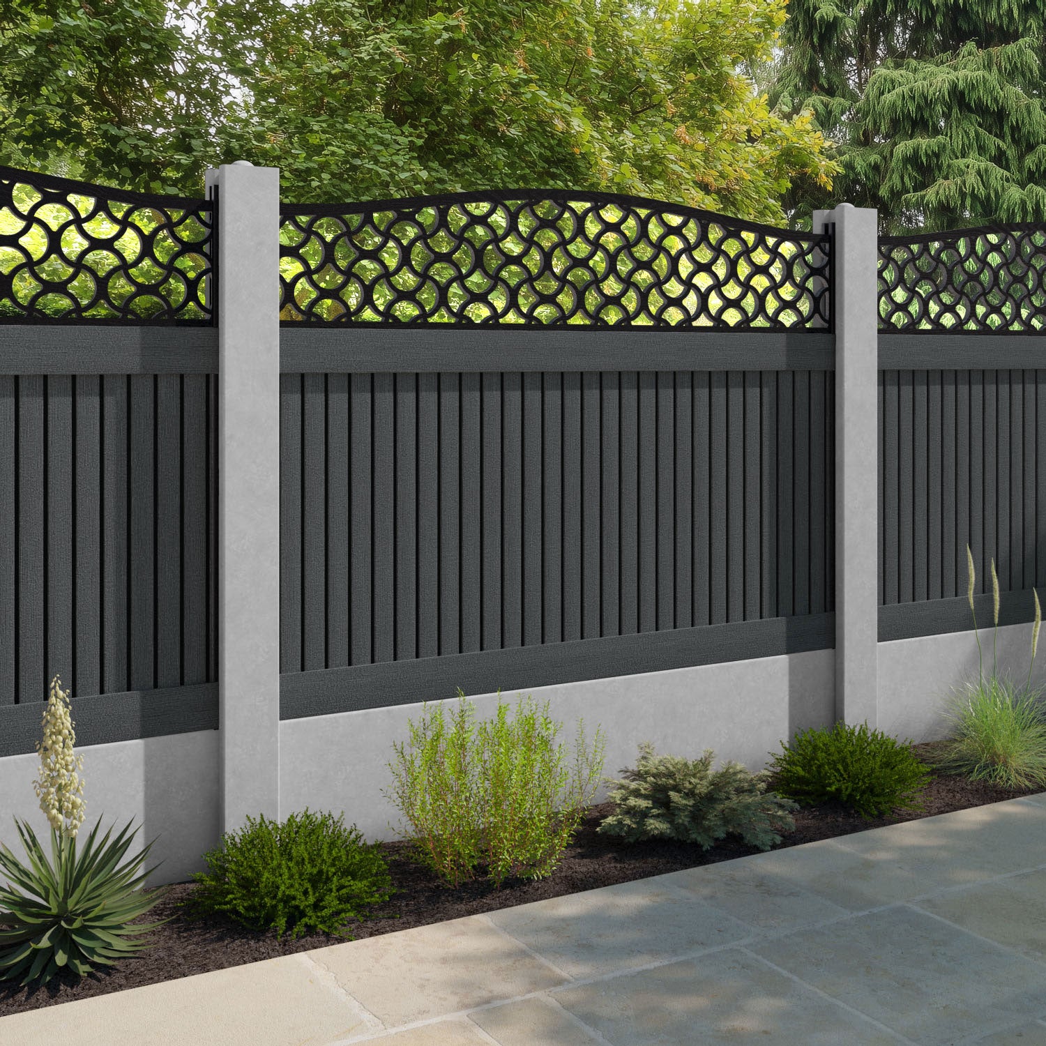 Virtis Vida Curved Top Fence Panel - Dark Grey - for existing concrete posts