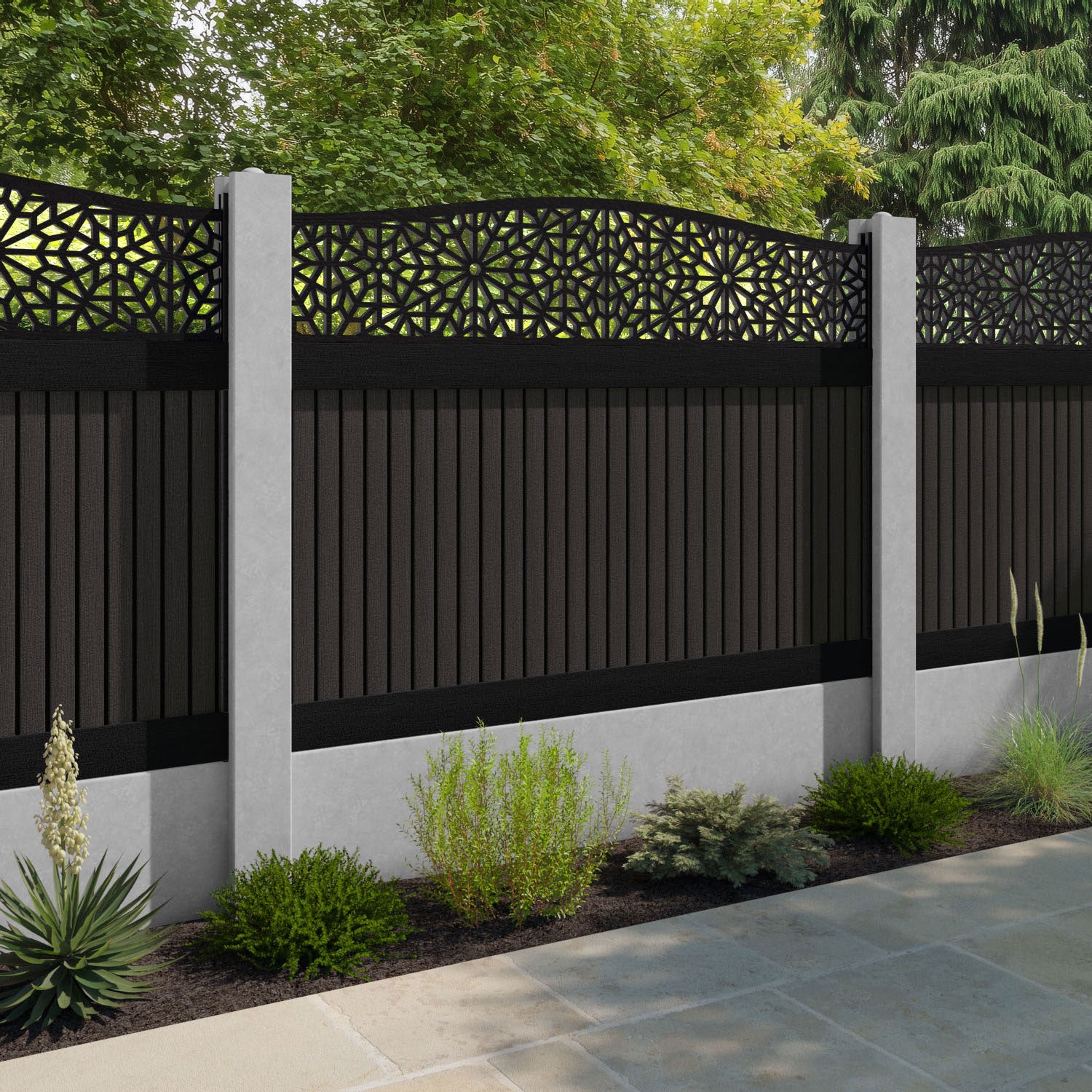 Virtis Alnara Curved Top Fence Panel - Dark Oak - for existing concrete posts