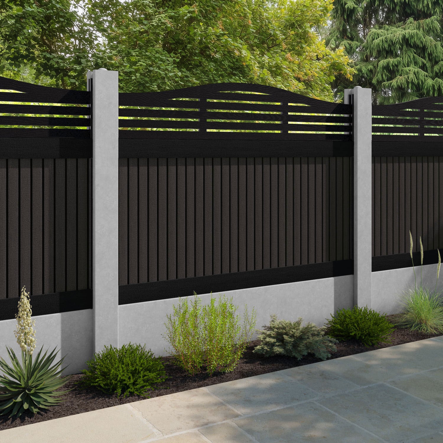 Virtis Aspen Curved Top Fence Panel - Dark Oak - for existing concrete posts