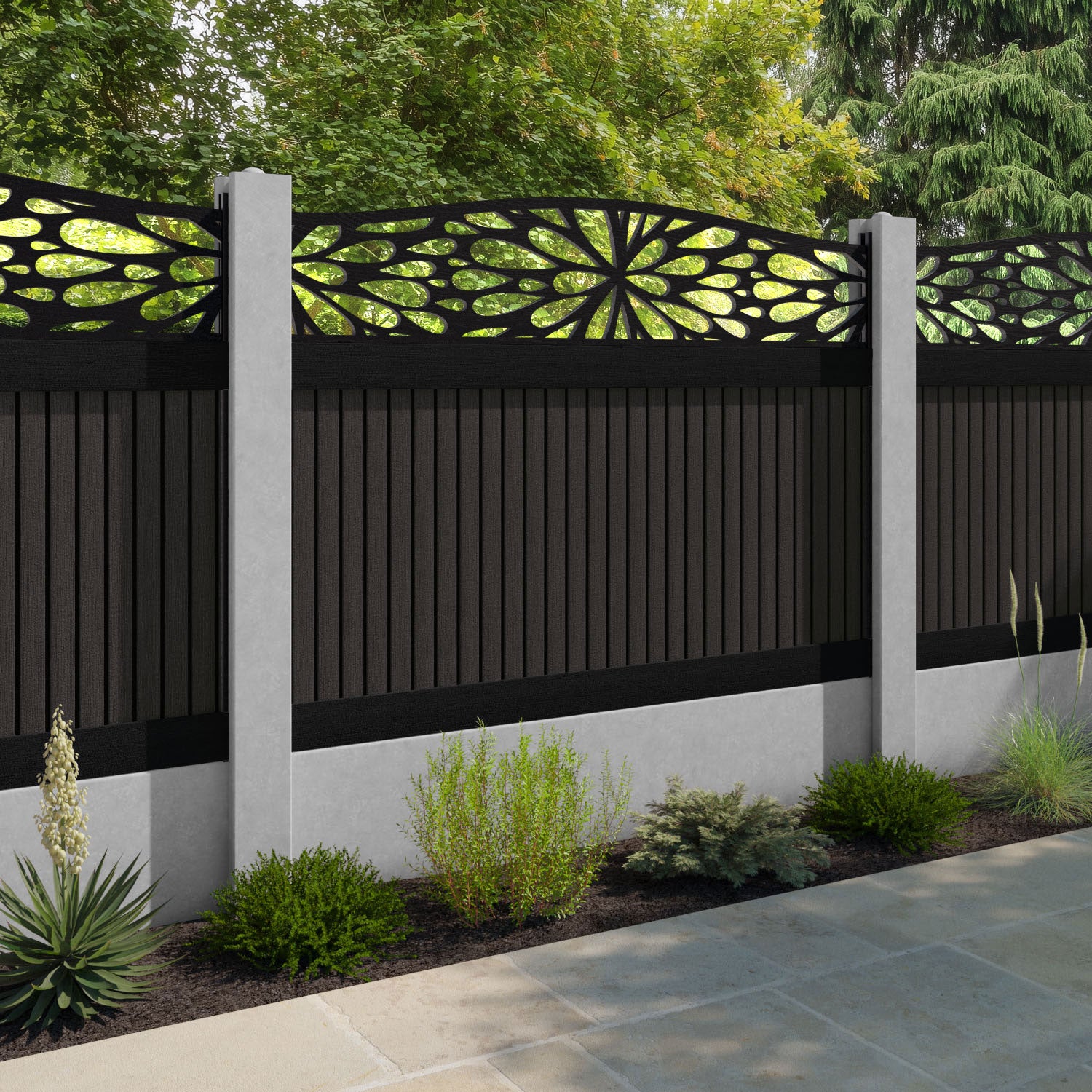 Virtis Blossom Curved Top Fence Panel - Dark Oak - for existing concrete posts
