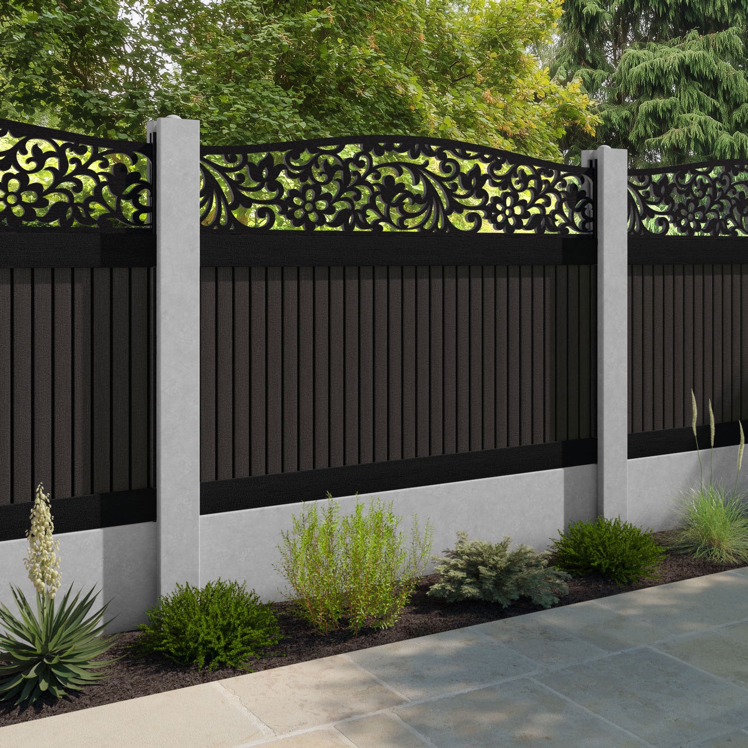 Virtis Eden Curved Top Fence Panel - Dark Oak - for existing concrete posts