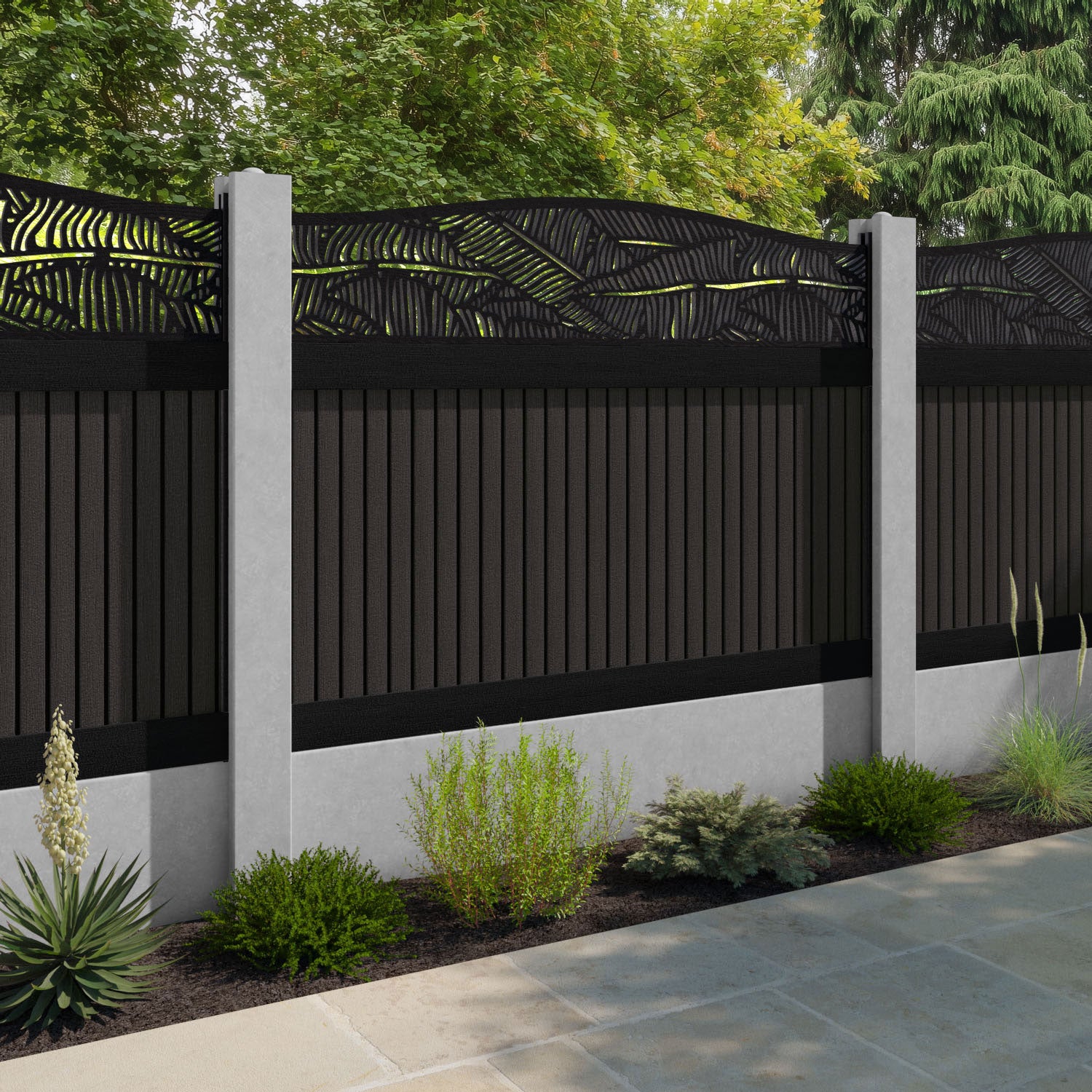 Virtis Feather Curved Top Fence Panel - Dark Oak - for existing concrete posts