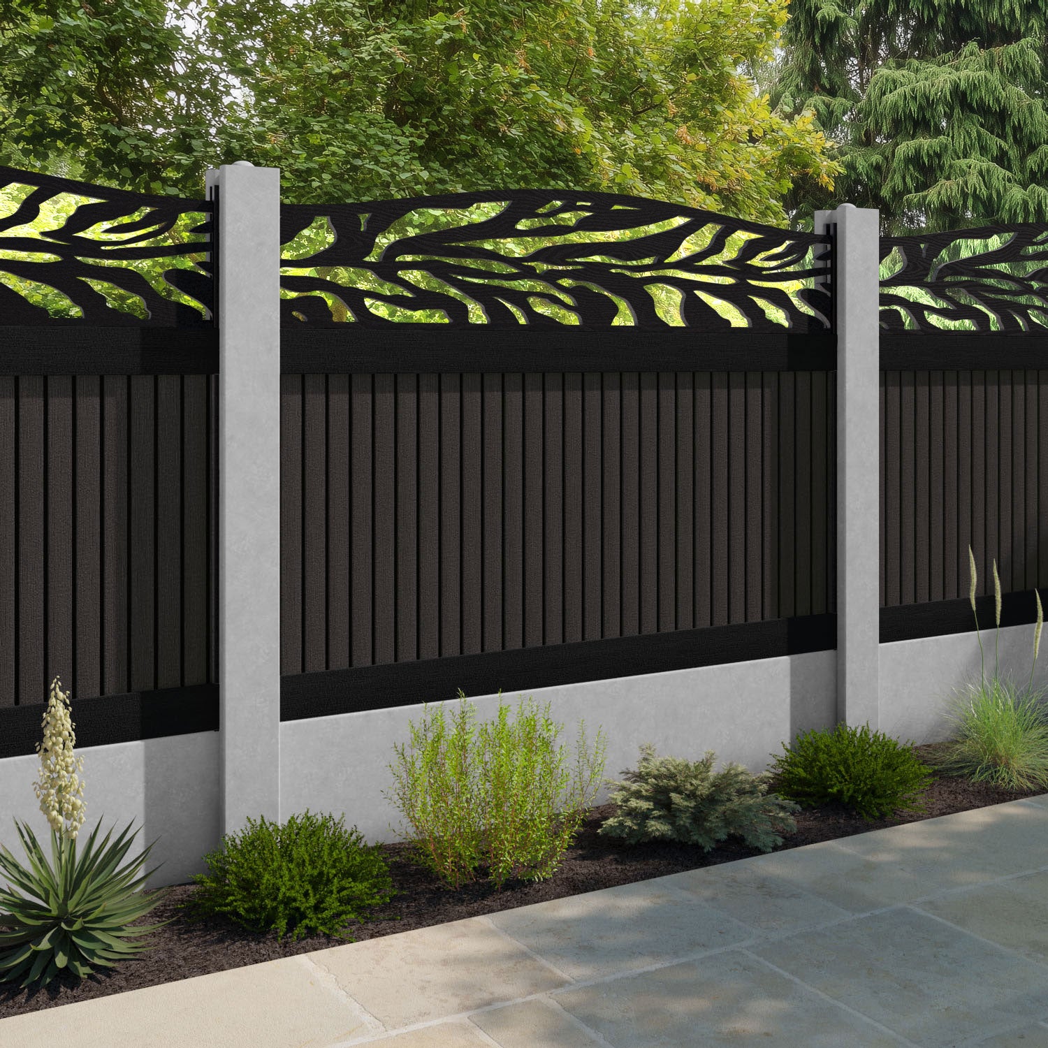 Virtis Malawi Curved Top Fence Panel - Dark Oak - for existing concrete posts