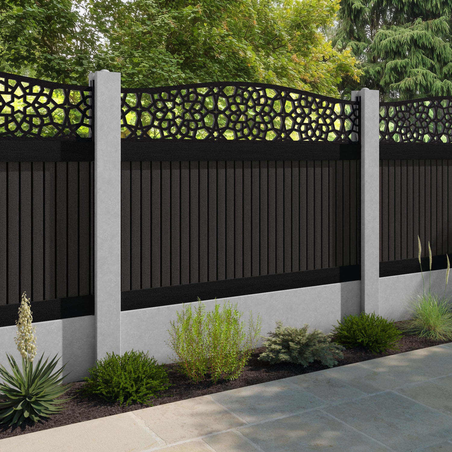Virtis Nazira Curved Top Fence Panel - Dark Oak - for existing concrete posts