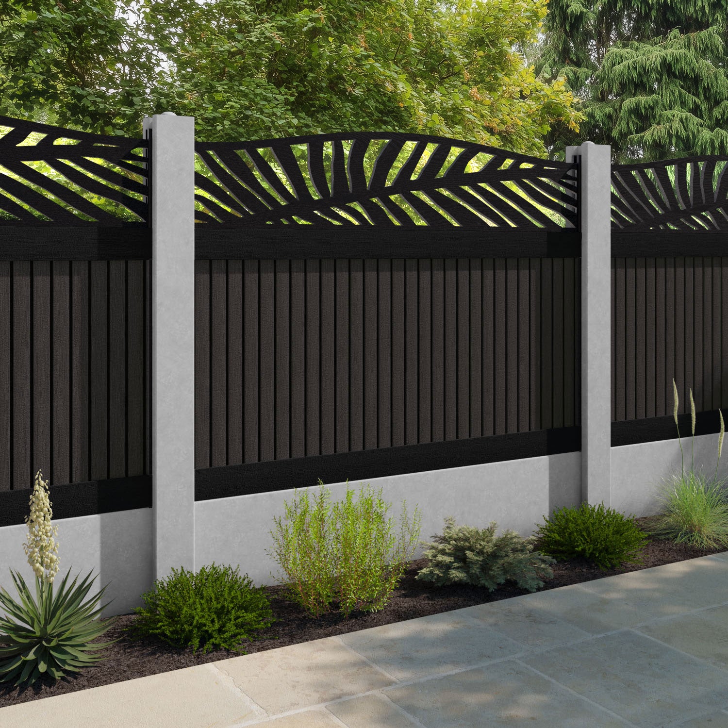 Virtis Palm Curved Top Fence Panel - Dark Oak - for existing concrete posts