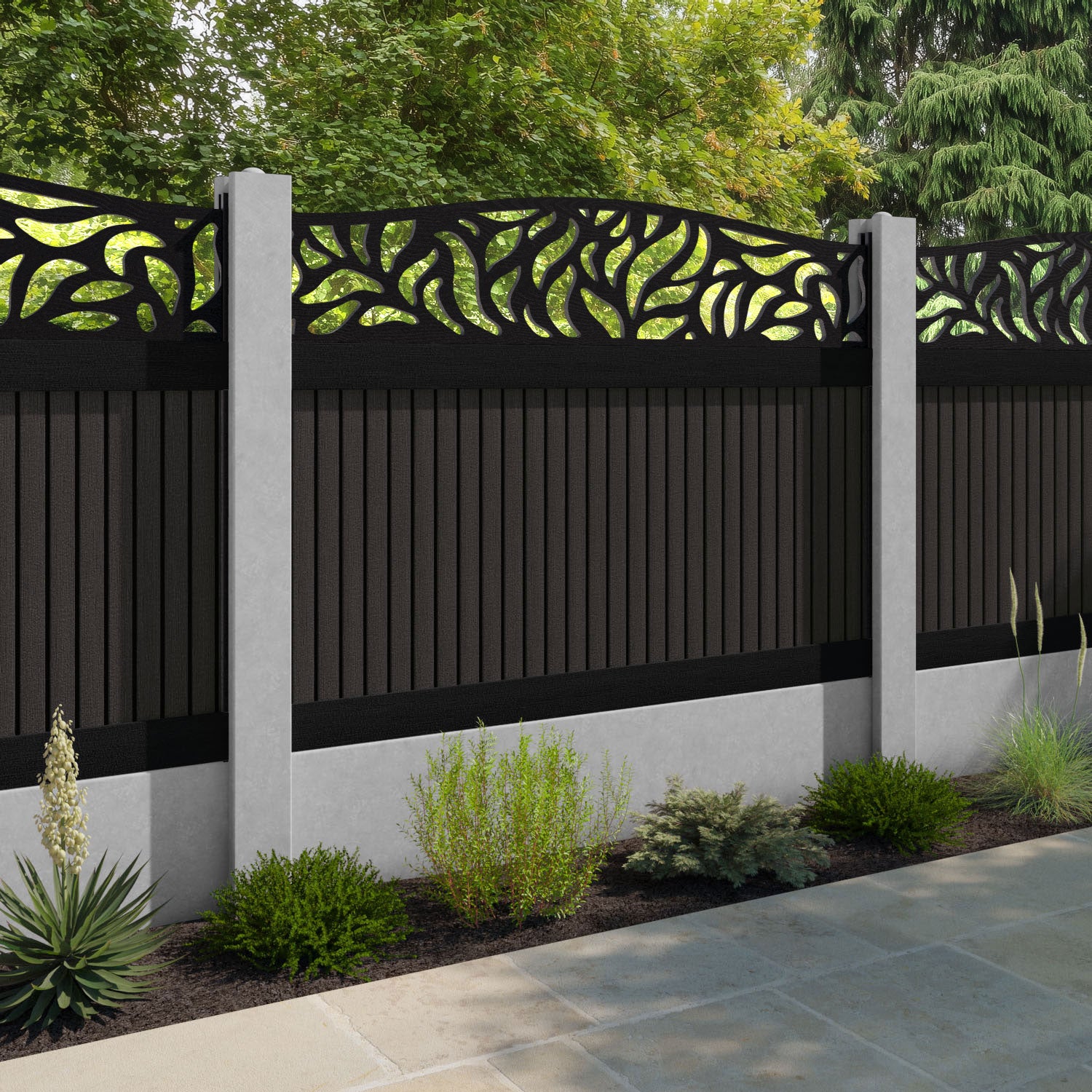 Virtis Plume Curved Top Fence Panel - Dark Oak - for existing concrete posts