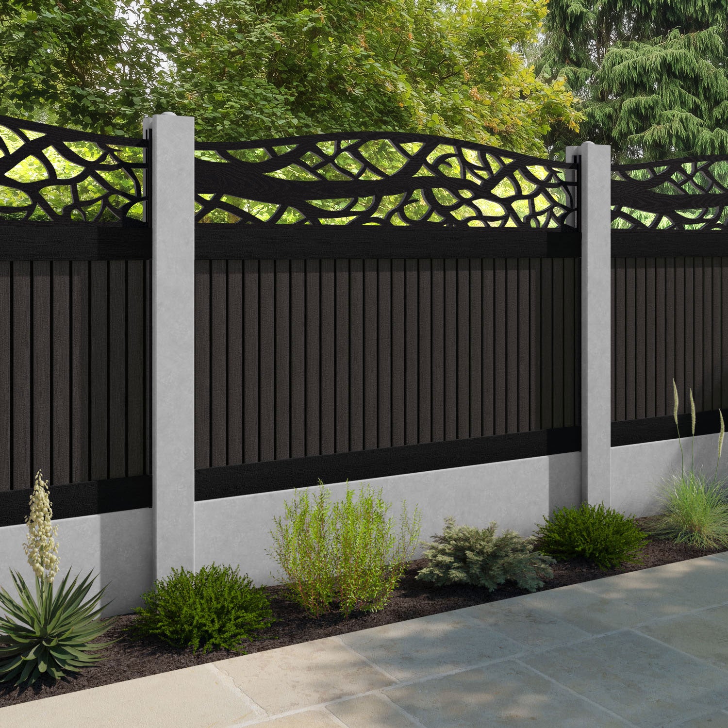 Virtis Twilight Curved Top Fence Panel - Dark Oak - for existing concrete posts