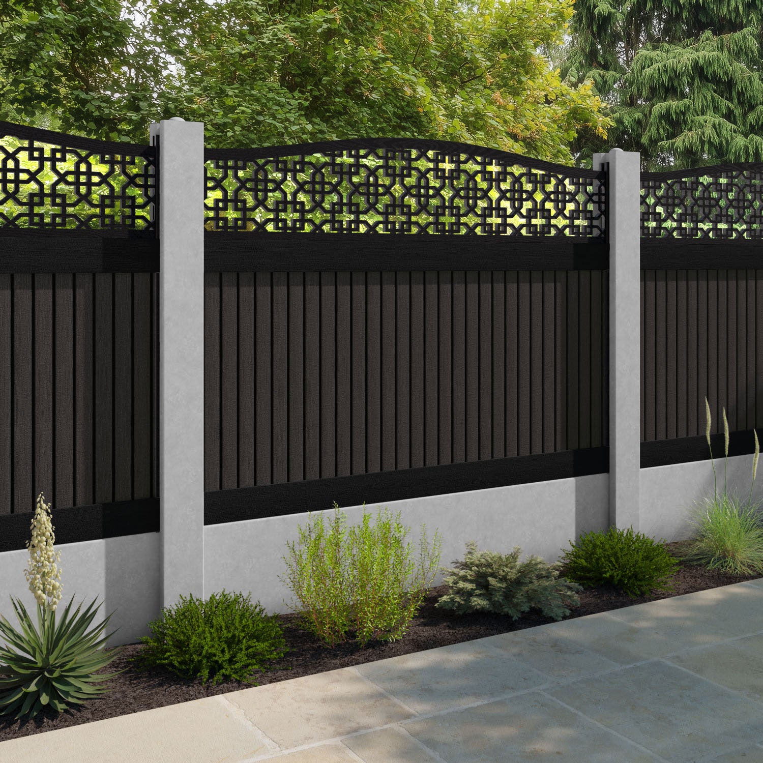 Virtis Zaria Curved Top Fence Panel - Dark Oak - for existing concrete posts