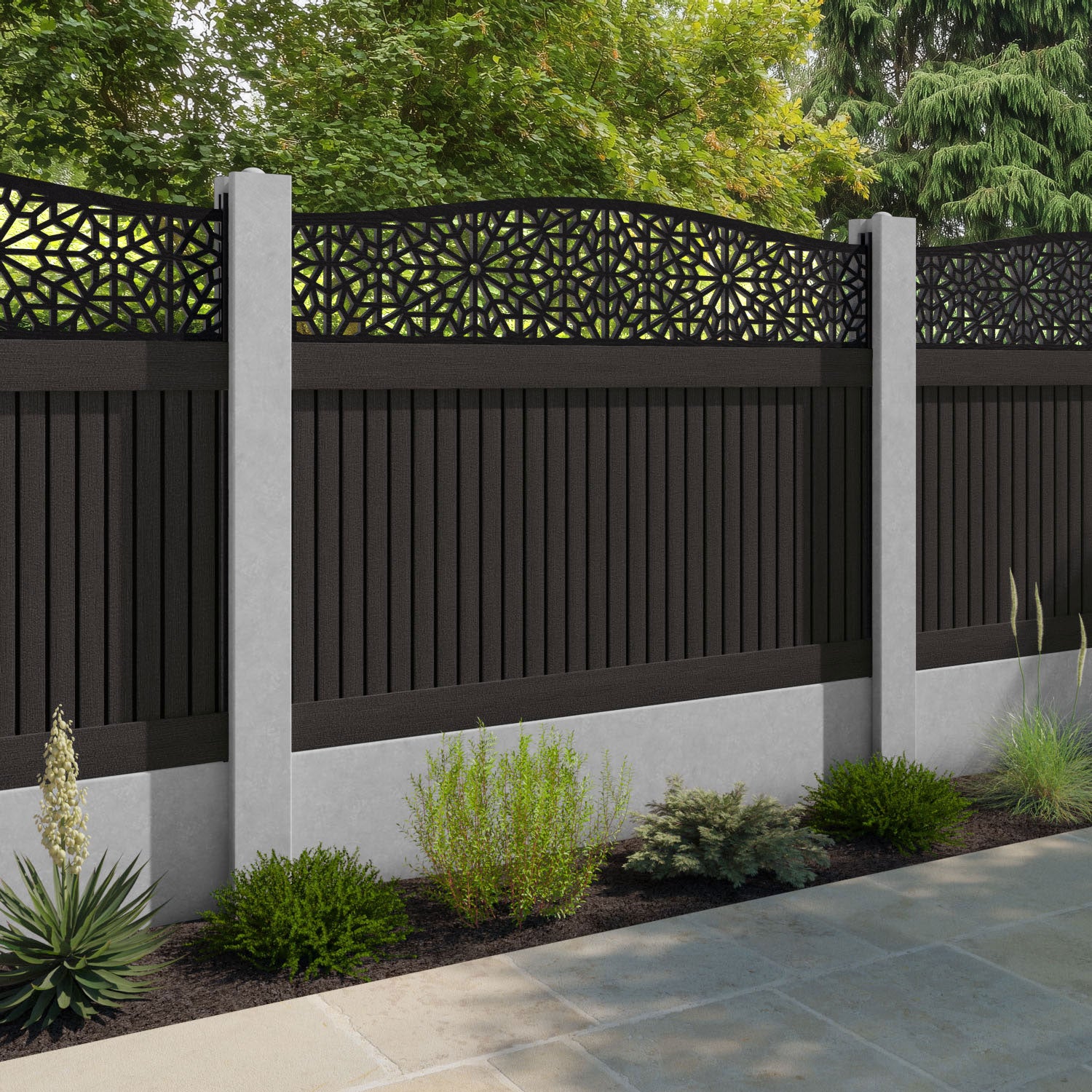 Virtis Alnara Curved Top Fence Panel - Dark Oak - for existing concrete posts