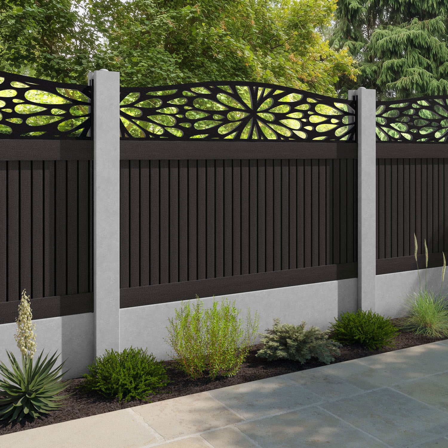 Virtis Blossom Curved Top Fence Panel - Dark Oak - for existing concrete posts