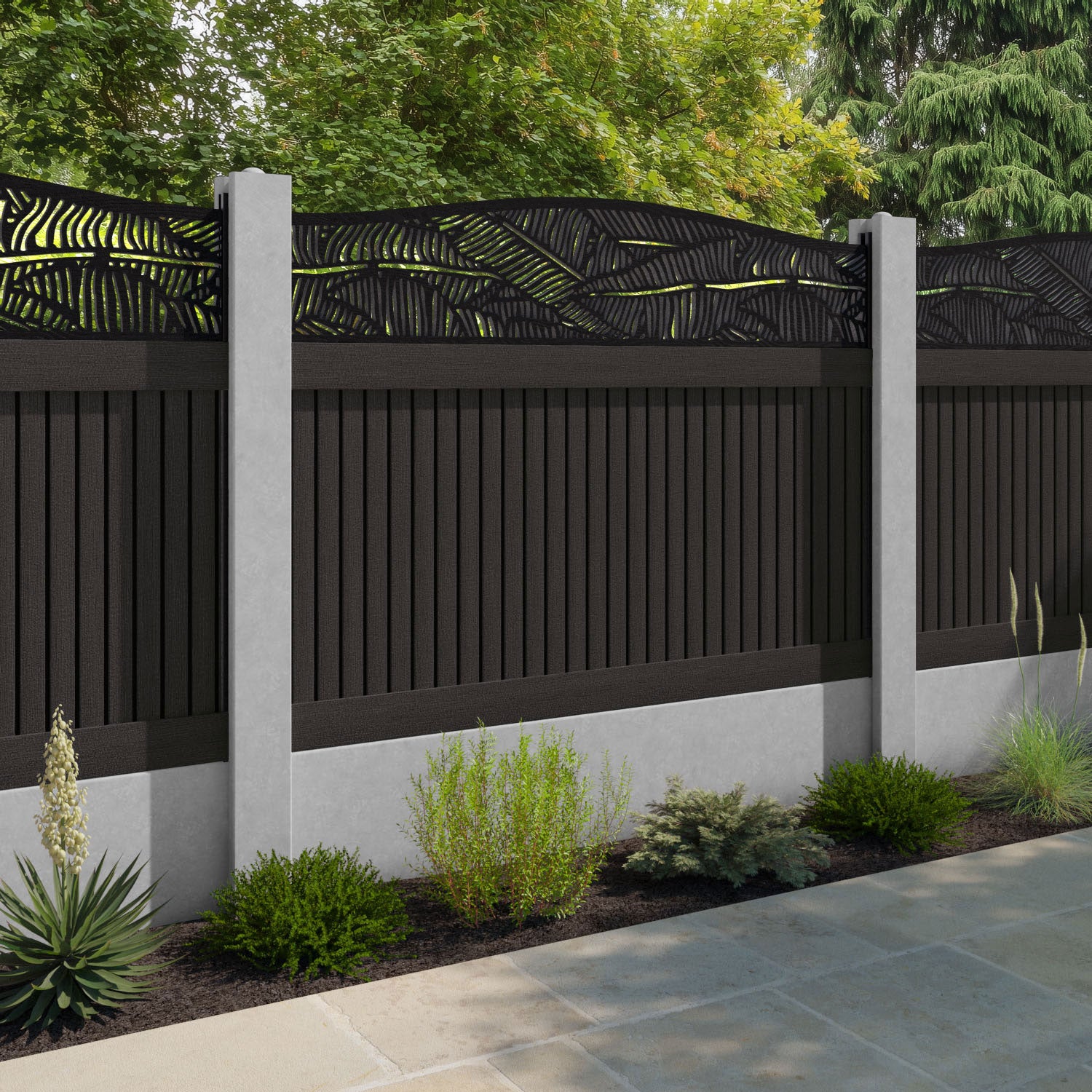Virtis Feather Curved Top Fence Panel - Dark Oak - for existing concrete posts