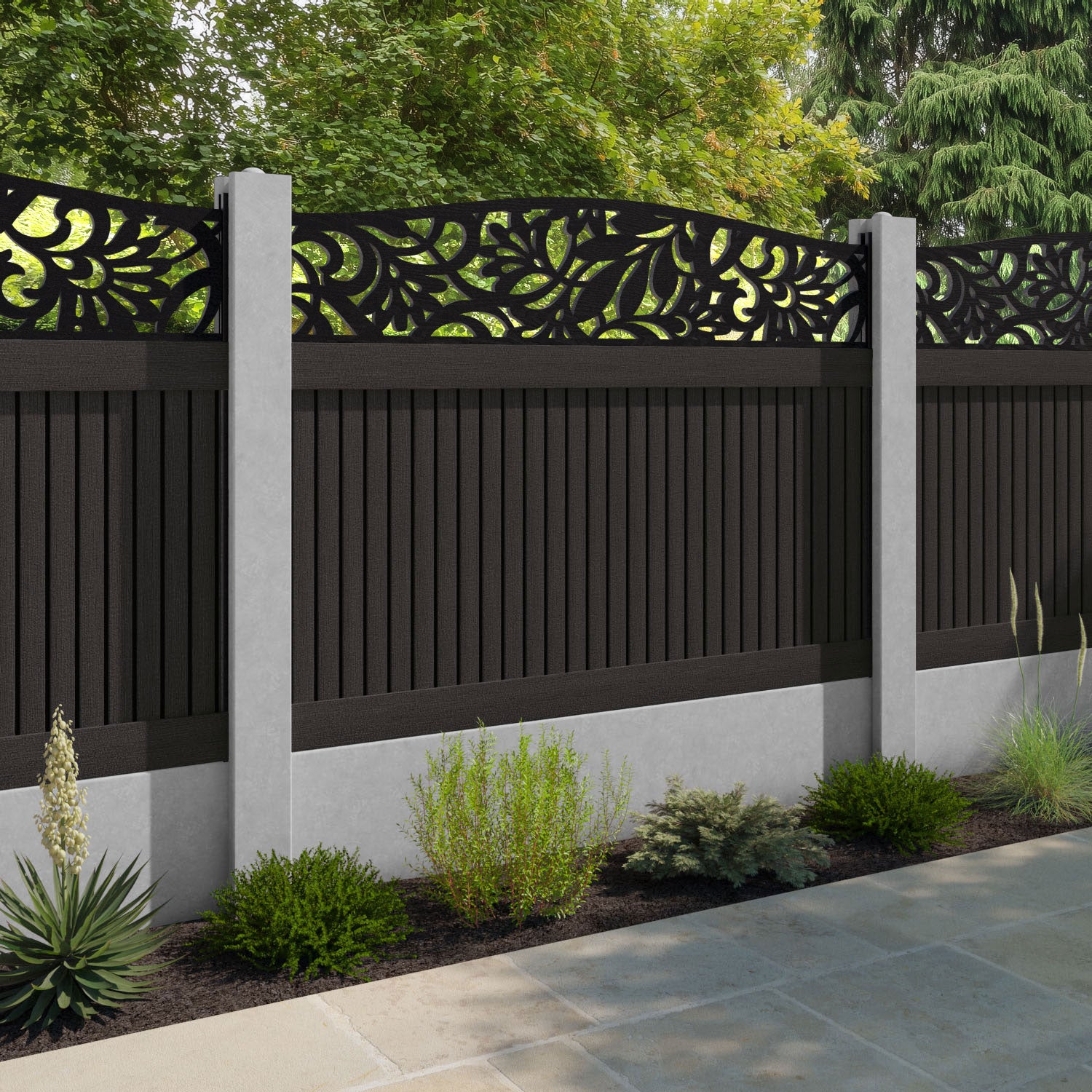 Virtis Heritage Curved Top Fence Panel - Dark Oak - for existing concrete posts