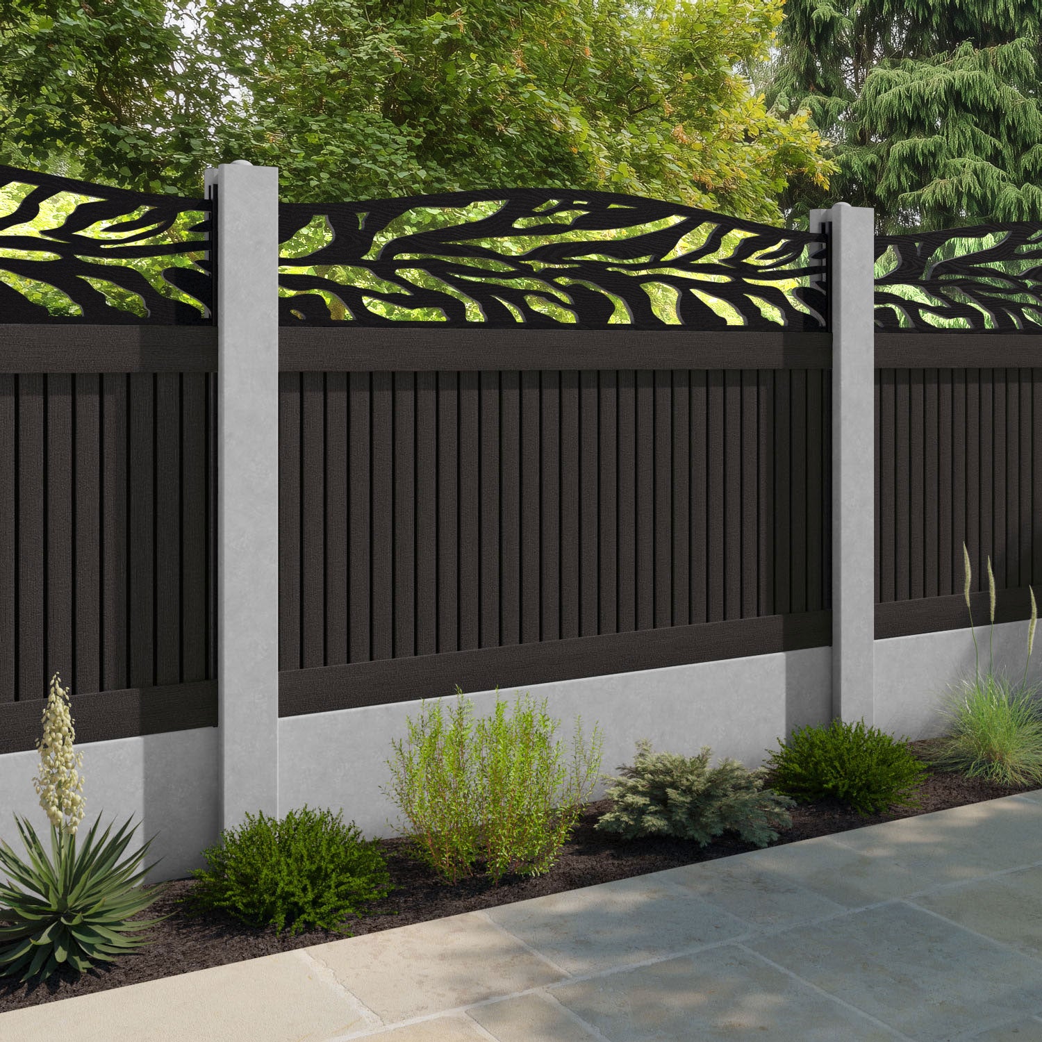 Virtis Malawi Curved Top Fence Panel - Dark Oak - for existing concrete posts