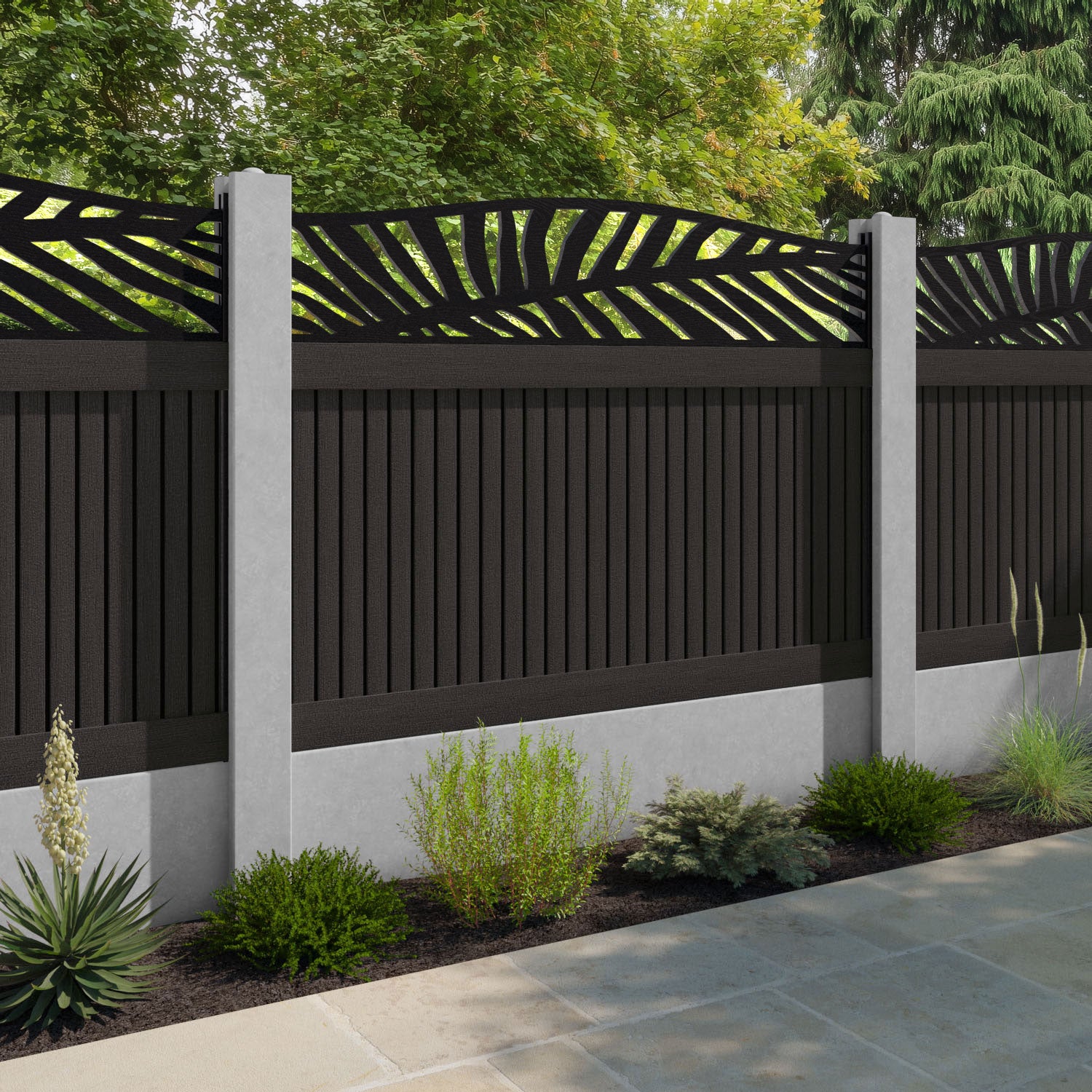 Virtis Palm Curved Top Fence Panel - Dark Oak - for existing concrete posts