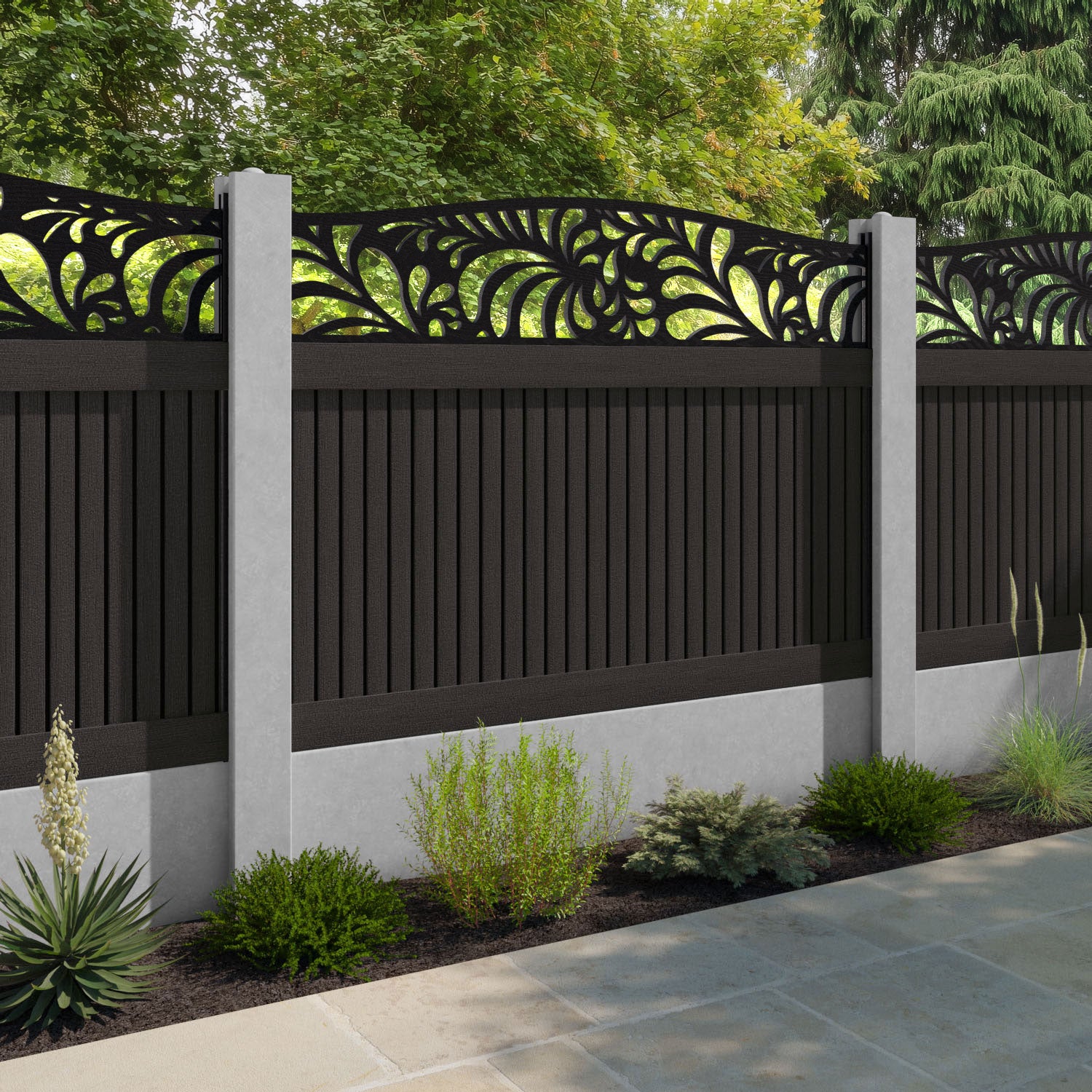 Virtis Petal Curved Top Fence Panel - Dark Oak - for existing concrete posts