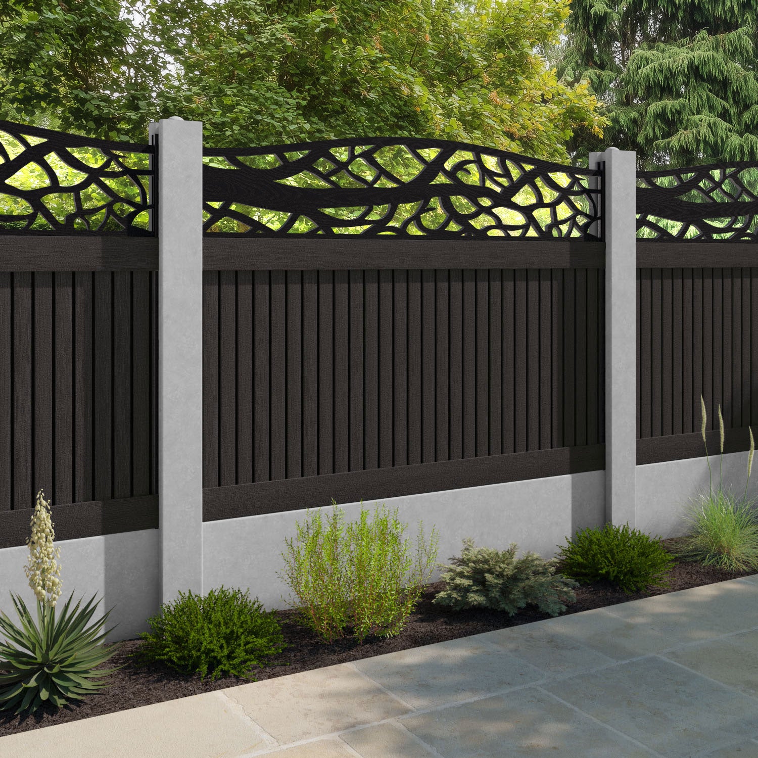 Virtis Twilight Curved Top Fence Panel - Dark Oak - for existing concrete posts