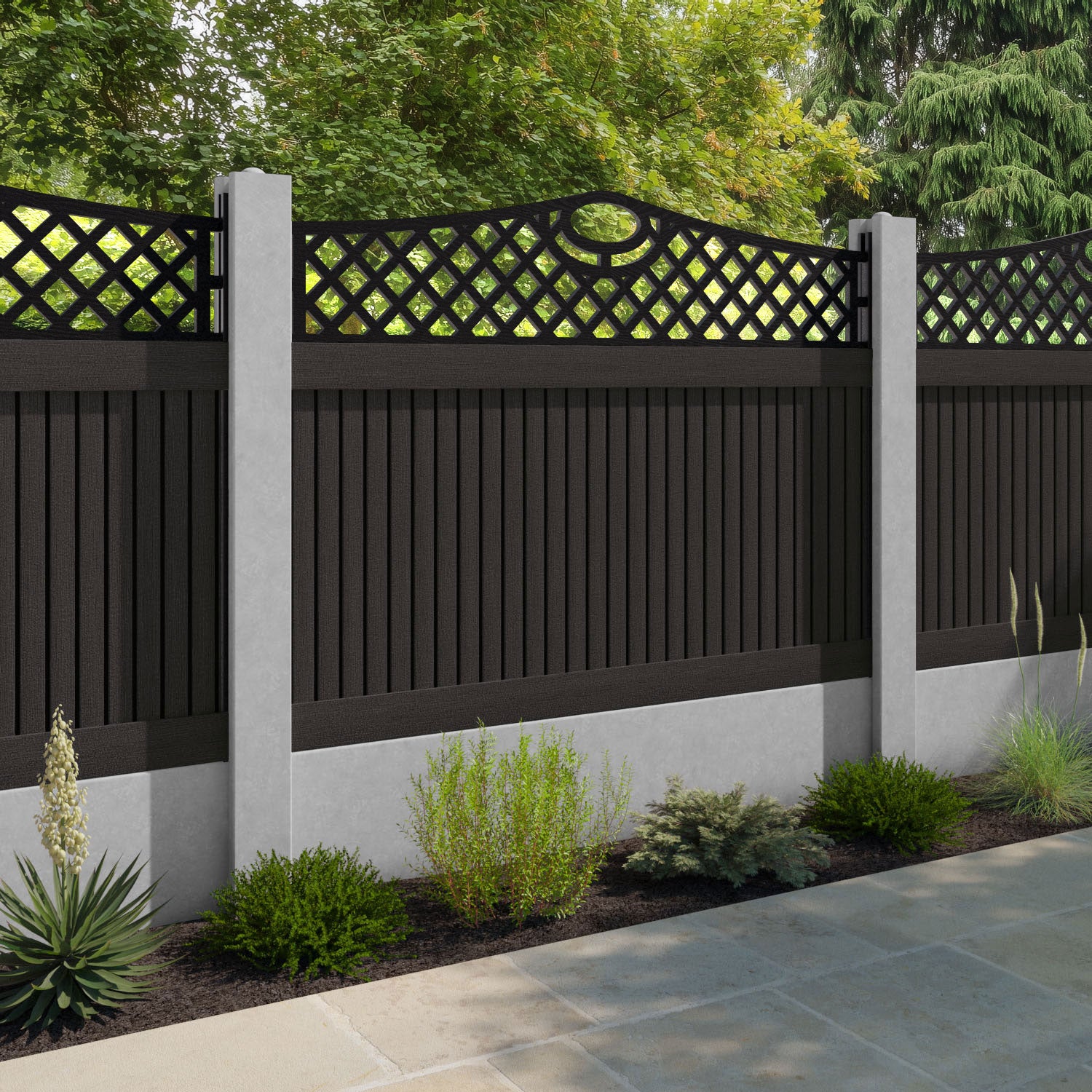 Virtis Oxford Curved Top Fence Panel - Dark Oak - for existing concrete posts