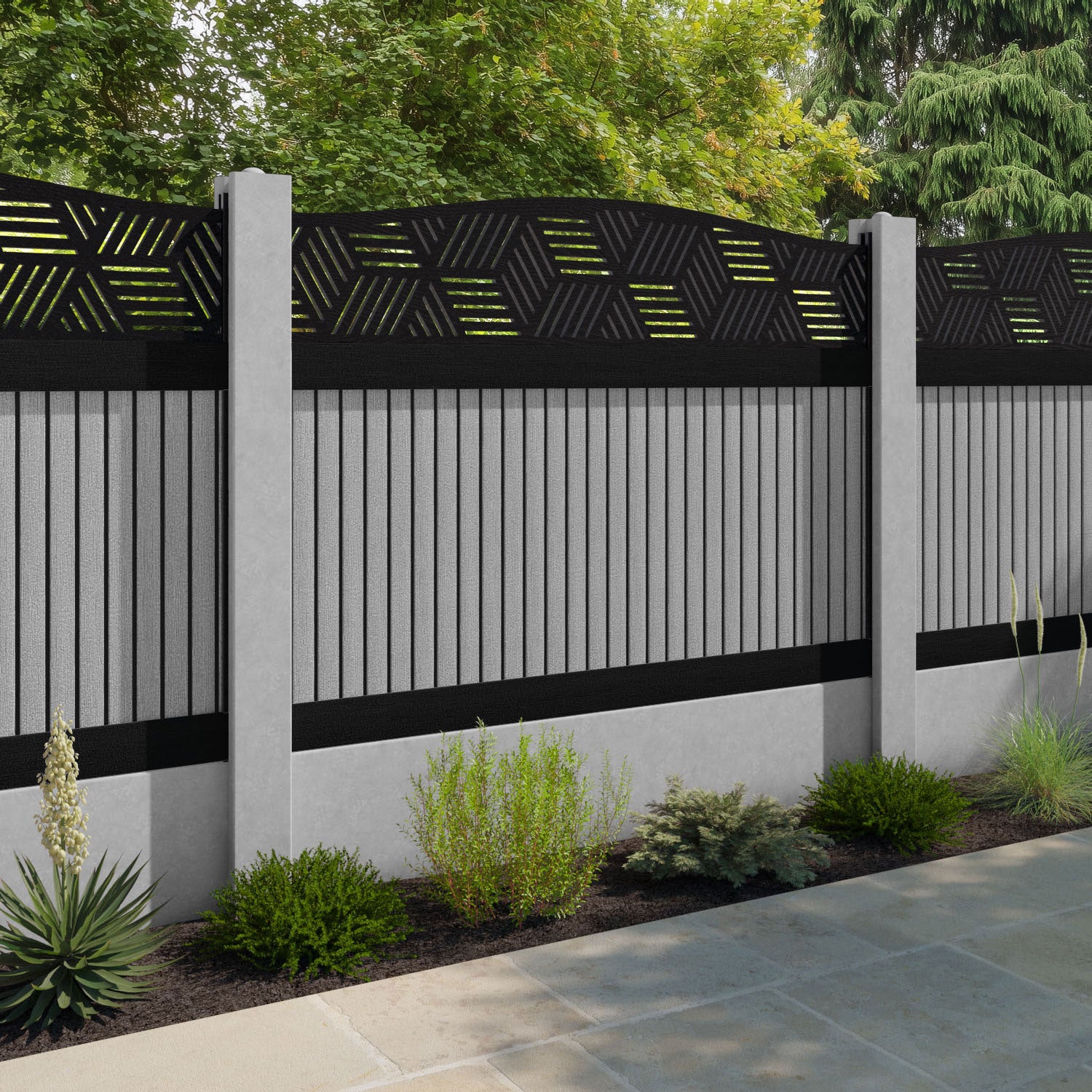 Virtis Cubed Curved Top Fence Panel - Light Grey - for existing concrete posts