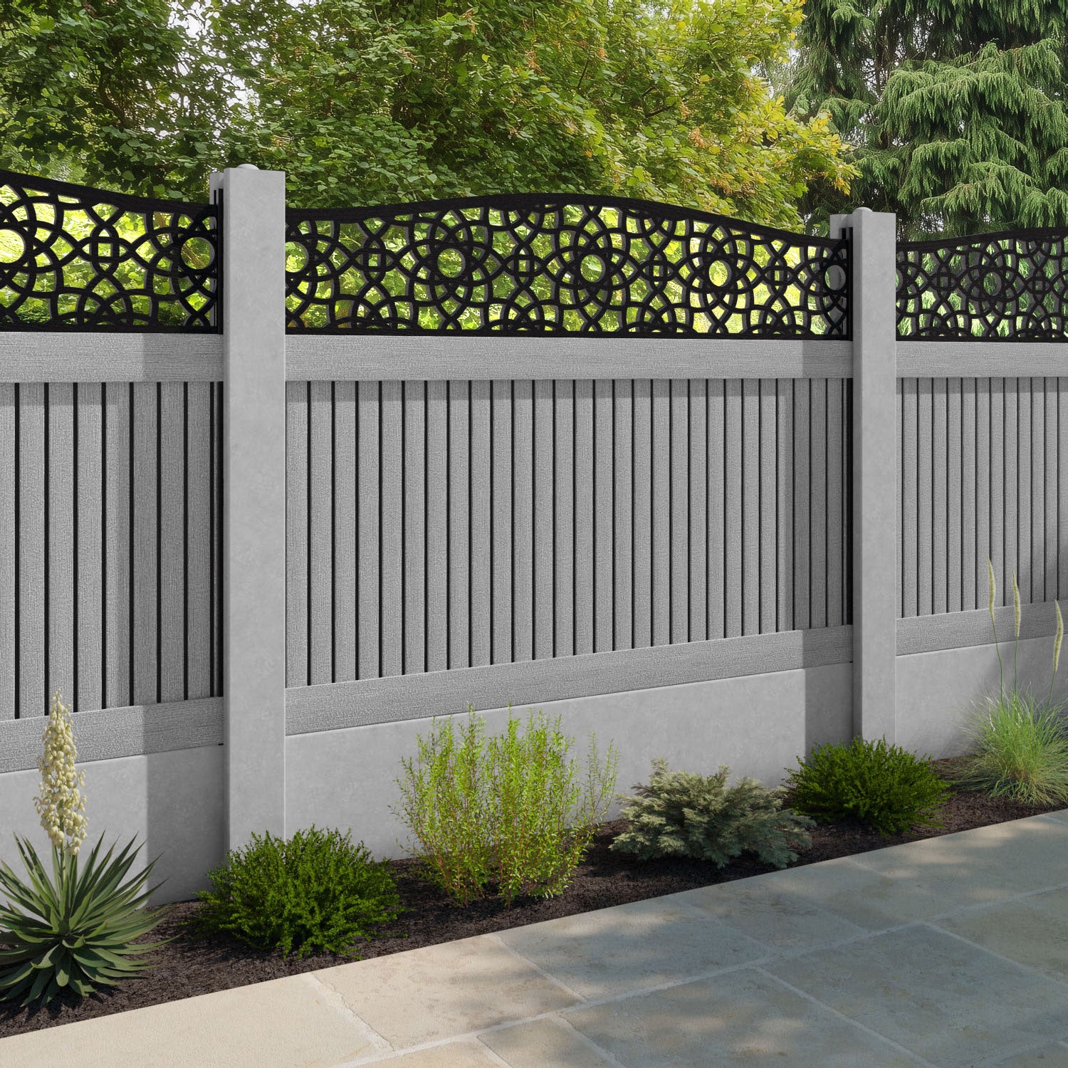 Virtis Ambar Curved Top Fence Panel - Light Grey - for existing concrete posts