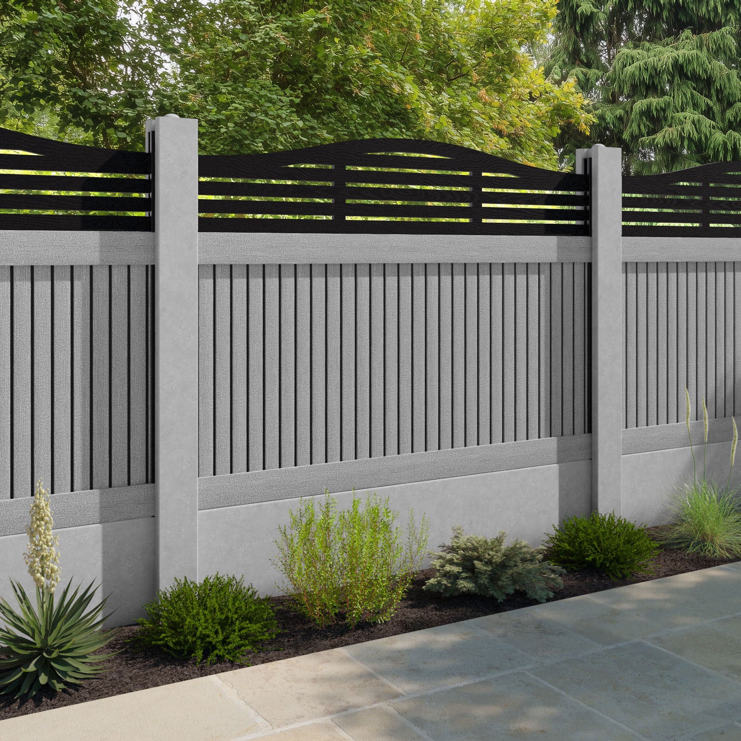 Virtis Aspen Curved Top Fence Panel - Light Grey - for existing concrete posts