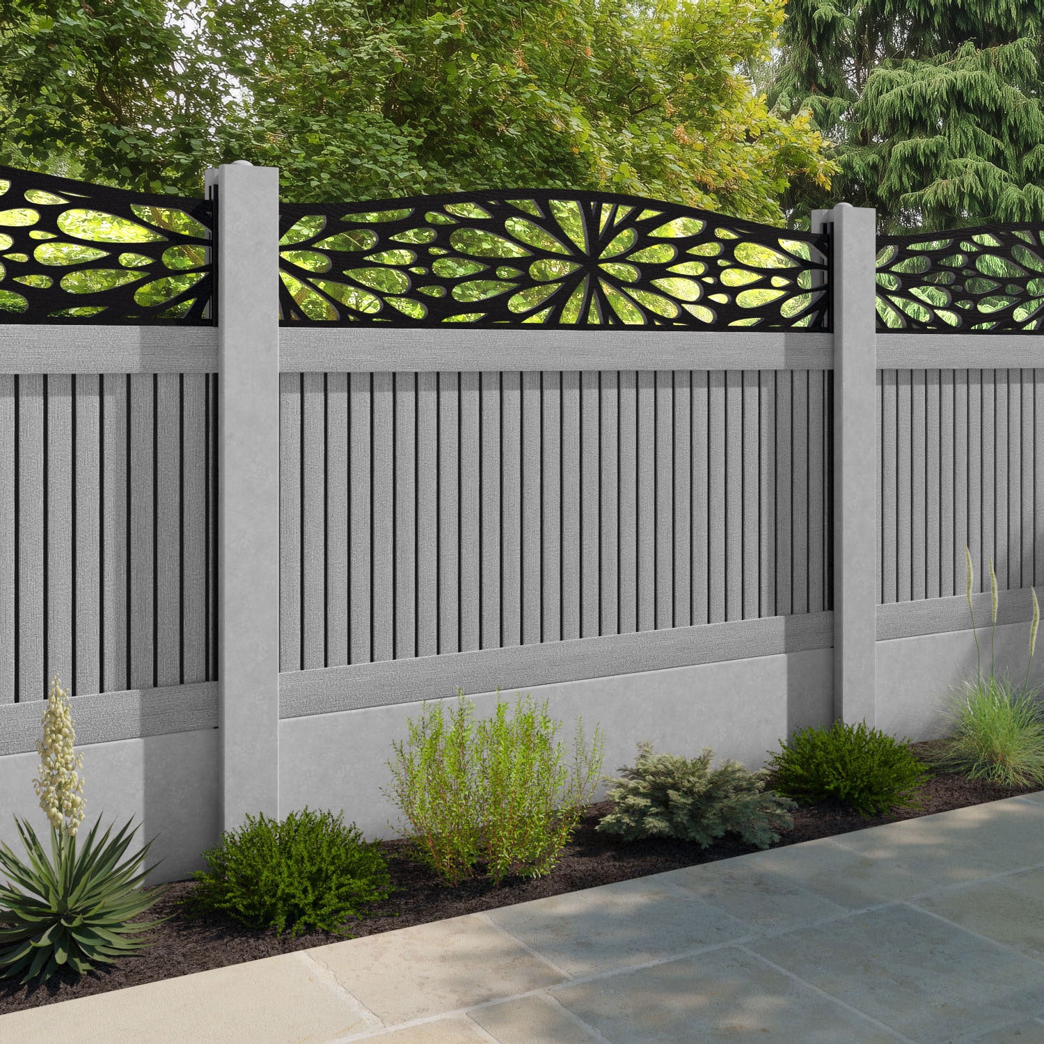 Virtis Blossom Curved Top Fence Panel - Light Grey - for existing concrete posts