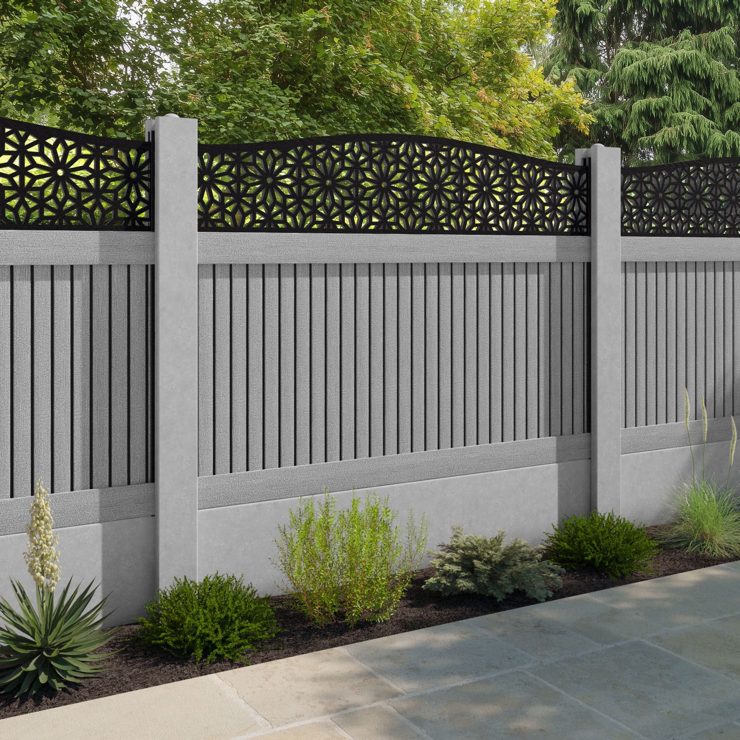 Virtis Narwa Curved Top Fence Panel - Light Grey - for existing concrete posts
