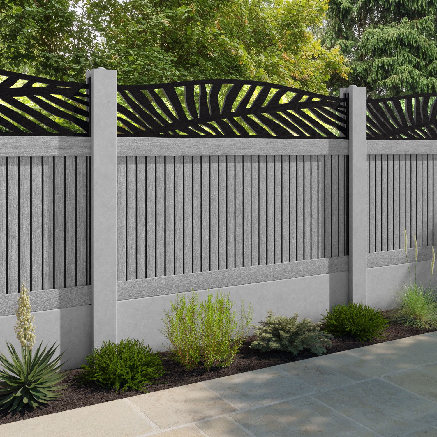 Virtis Palm Curved Top Fence Panel - Light Grey - for existing concrete posts