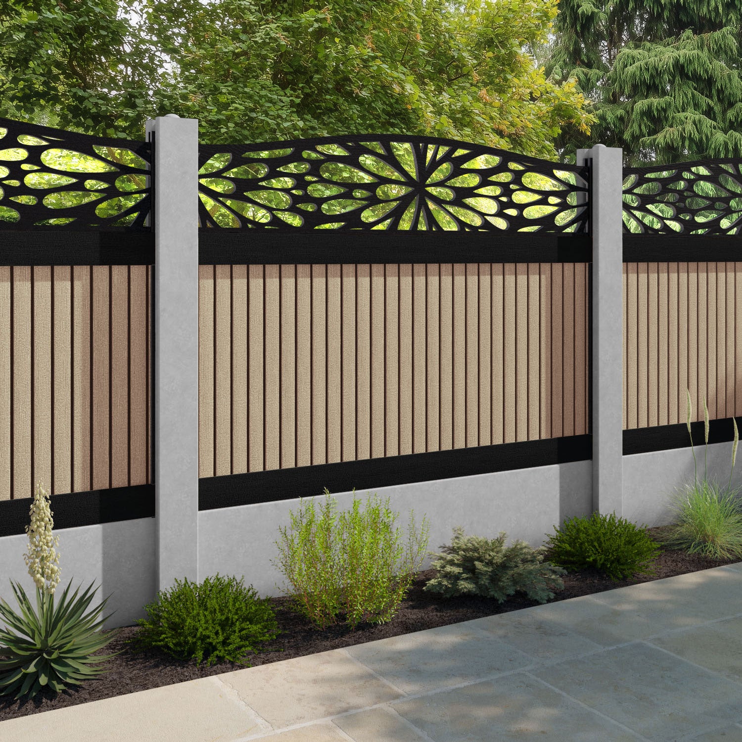 Virtis Blossom Curved Top Fence Panel - Light Oak - for existing concrete posts