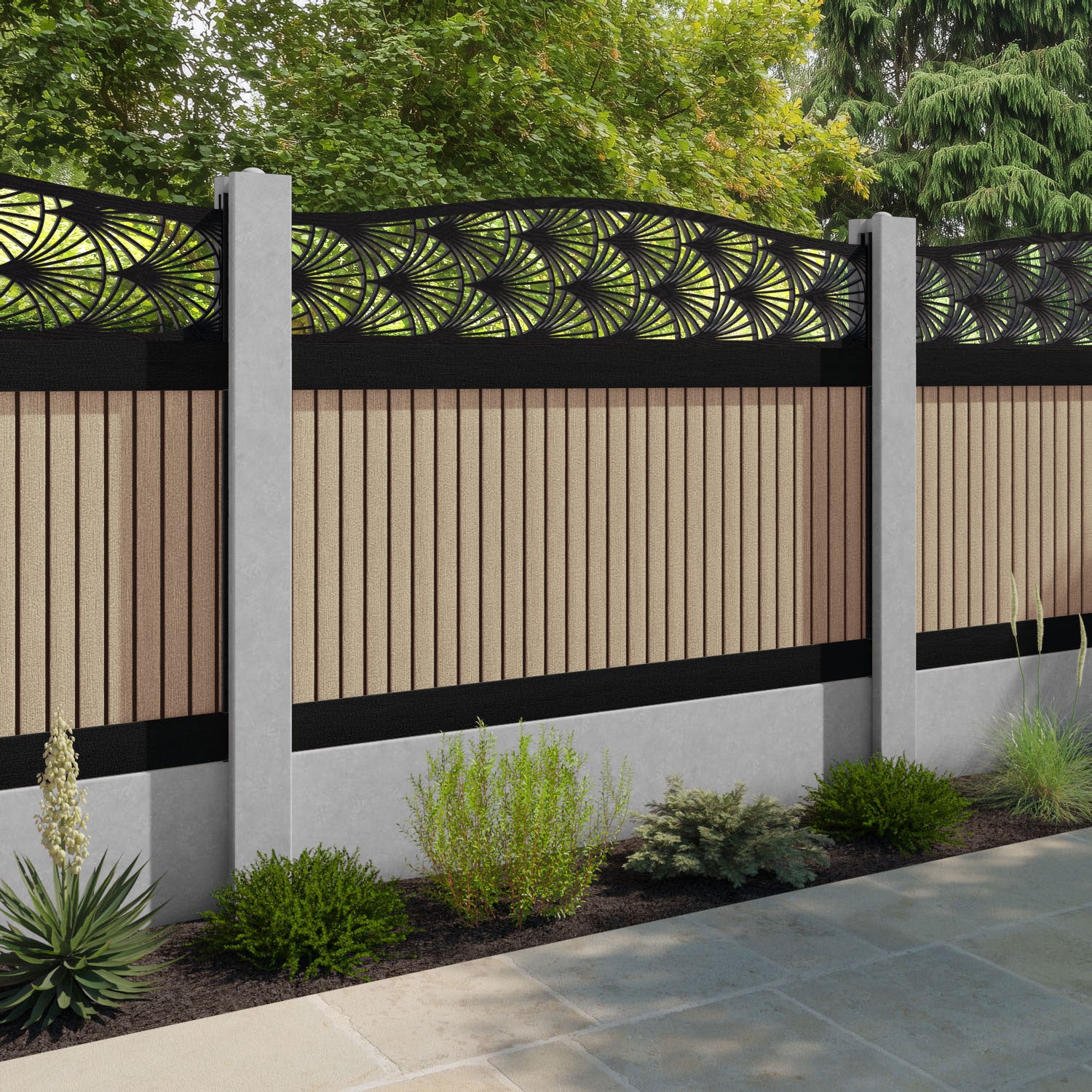 Virtis Laurel Curved Top Fence Panel - Light Oak - for existing concrete posts
