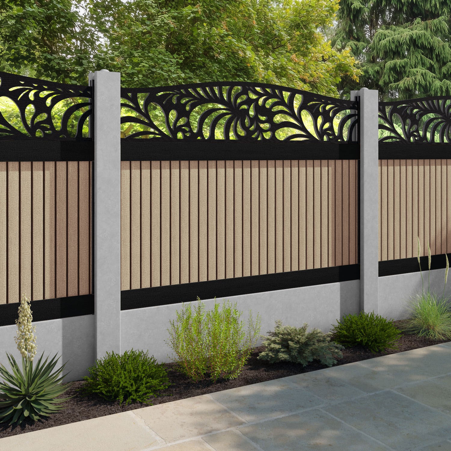 Virtis Petal Curved Top Fence Panel - Light Oak - for existing concrete posts