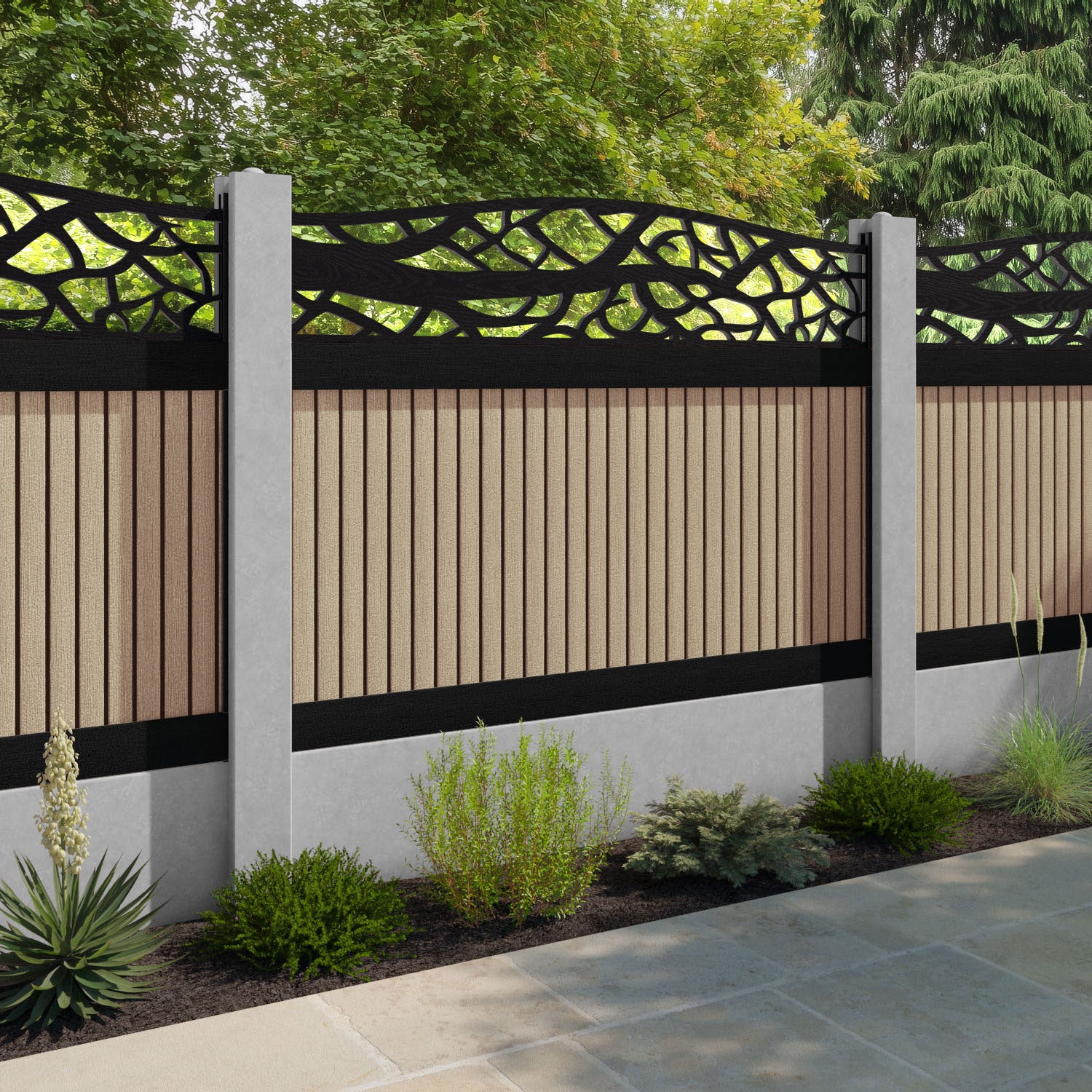 Virtis Twilight Curved Top Fence Panel - Light Oak - for existing concrete posts