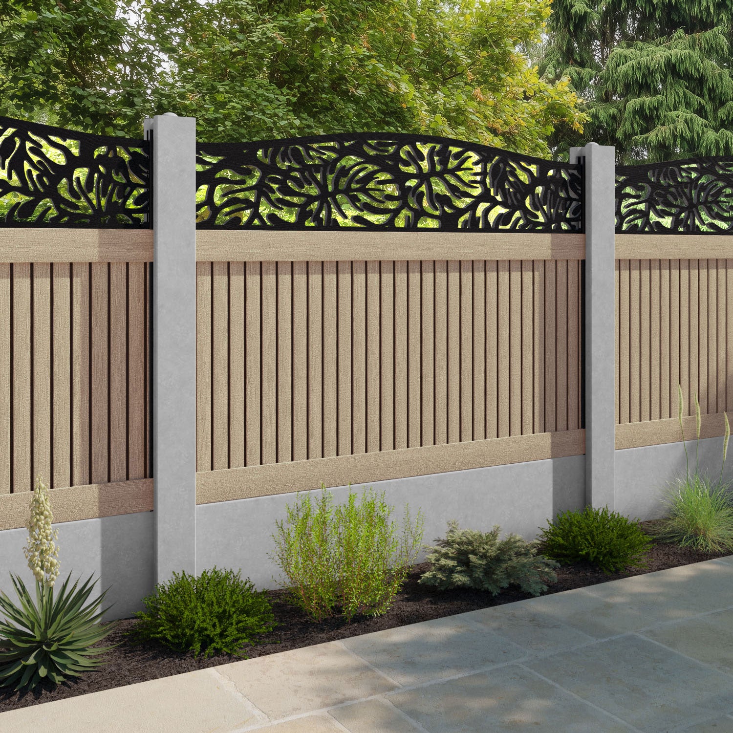 Virtis Botanic Curved Top Fence Panel - Light Oak - for existing concrete posts