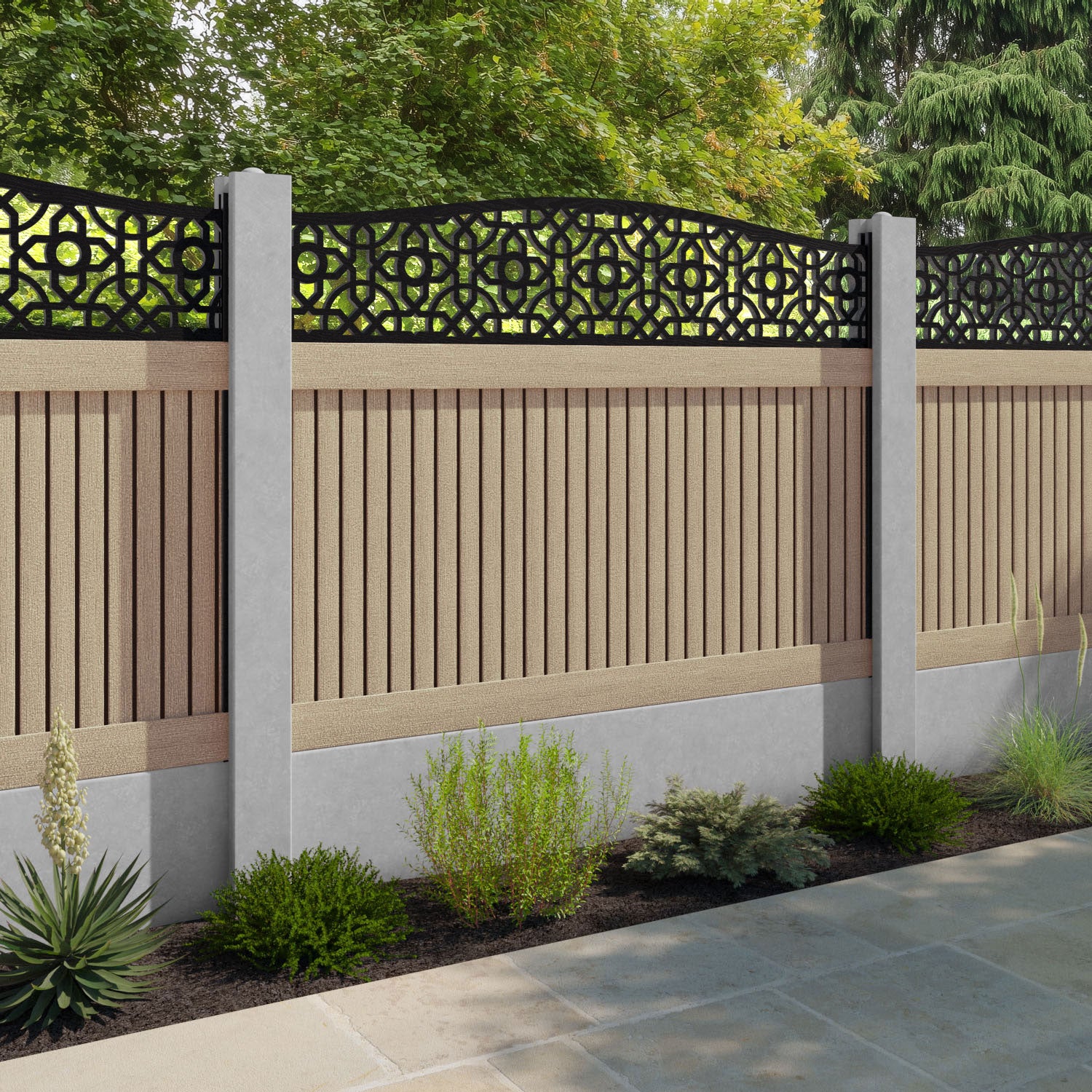 Virtis Nabila Curved Top Fence Panel - Light Oak - for existing concrete posts