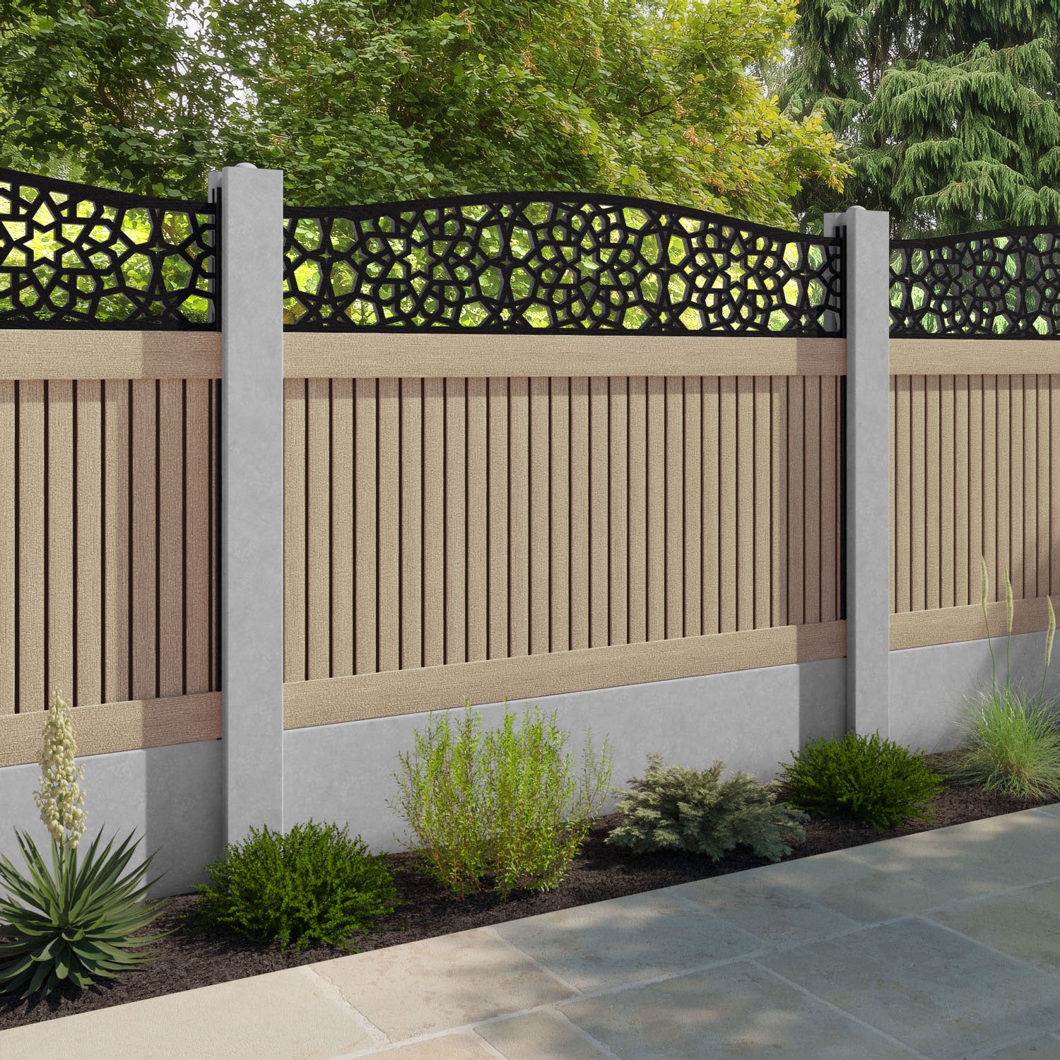 Virtis Nazira Curved Top Fence Panel - Light Oak - for existing concrete posts