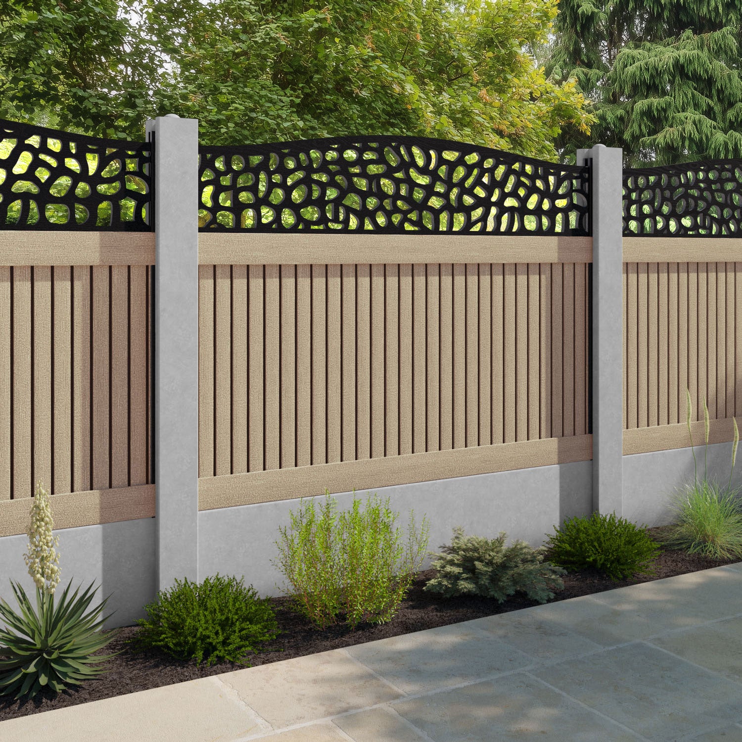 Virtis Pebble Curved Top Fence Panel - Light Oak - for existing concrete posts