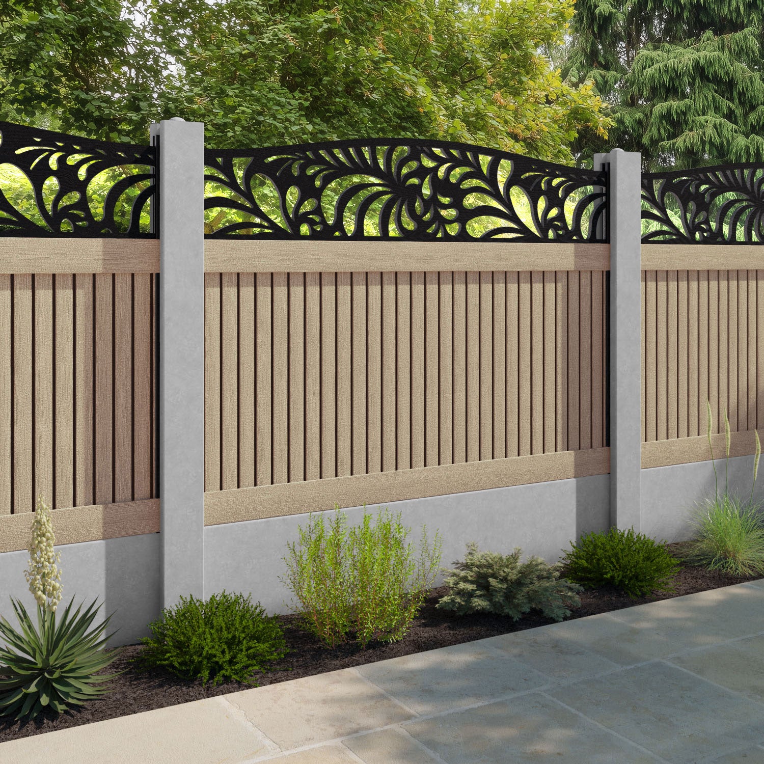 Virtis Petal Curved Top Fence Panel - Light Oak - for existing concrete posts