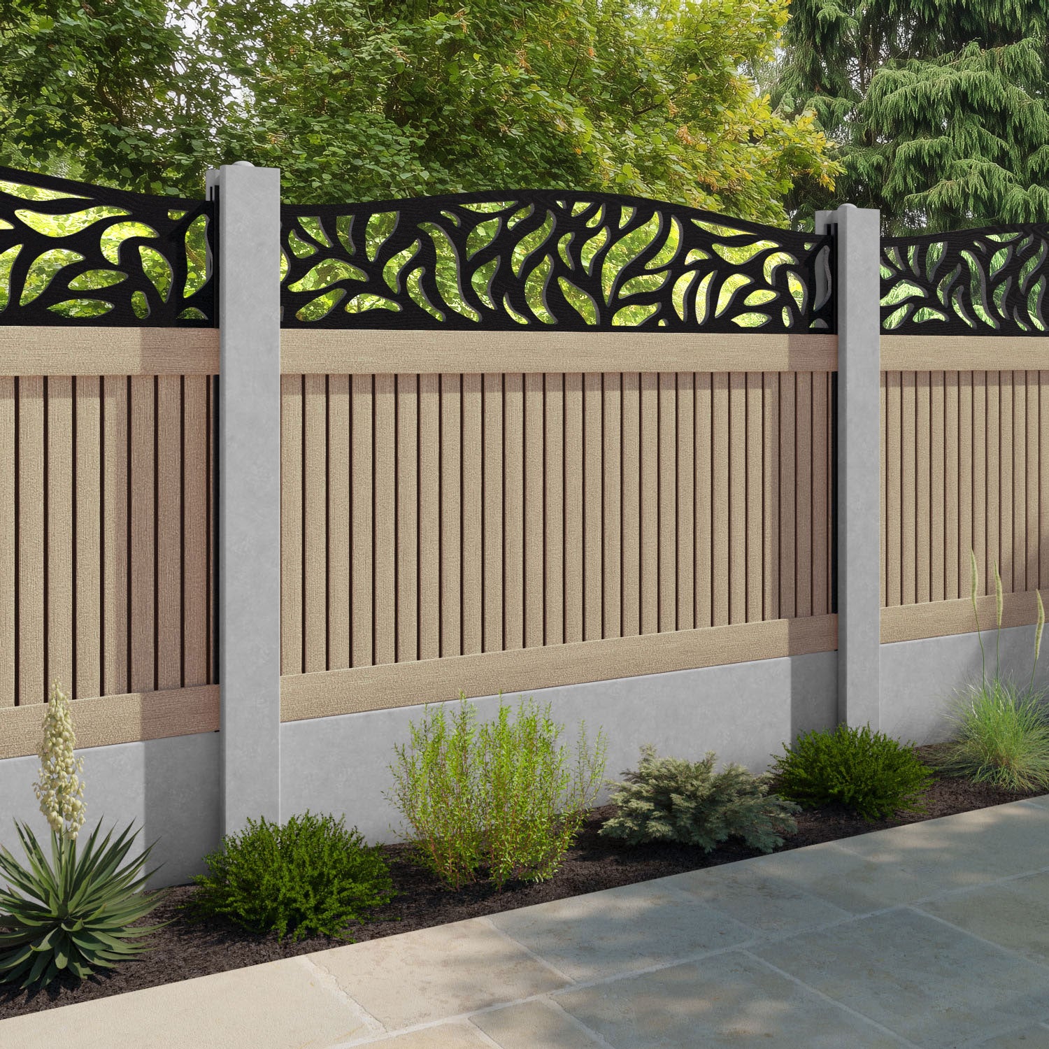 Virtis Plume Curved Top Fence Panel - Light Oak - for existing concrete posts