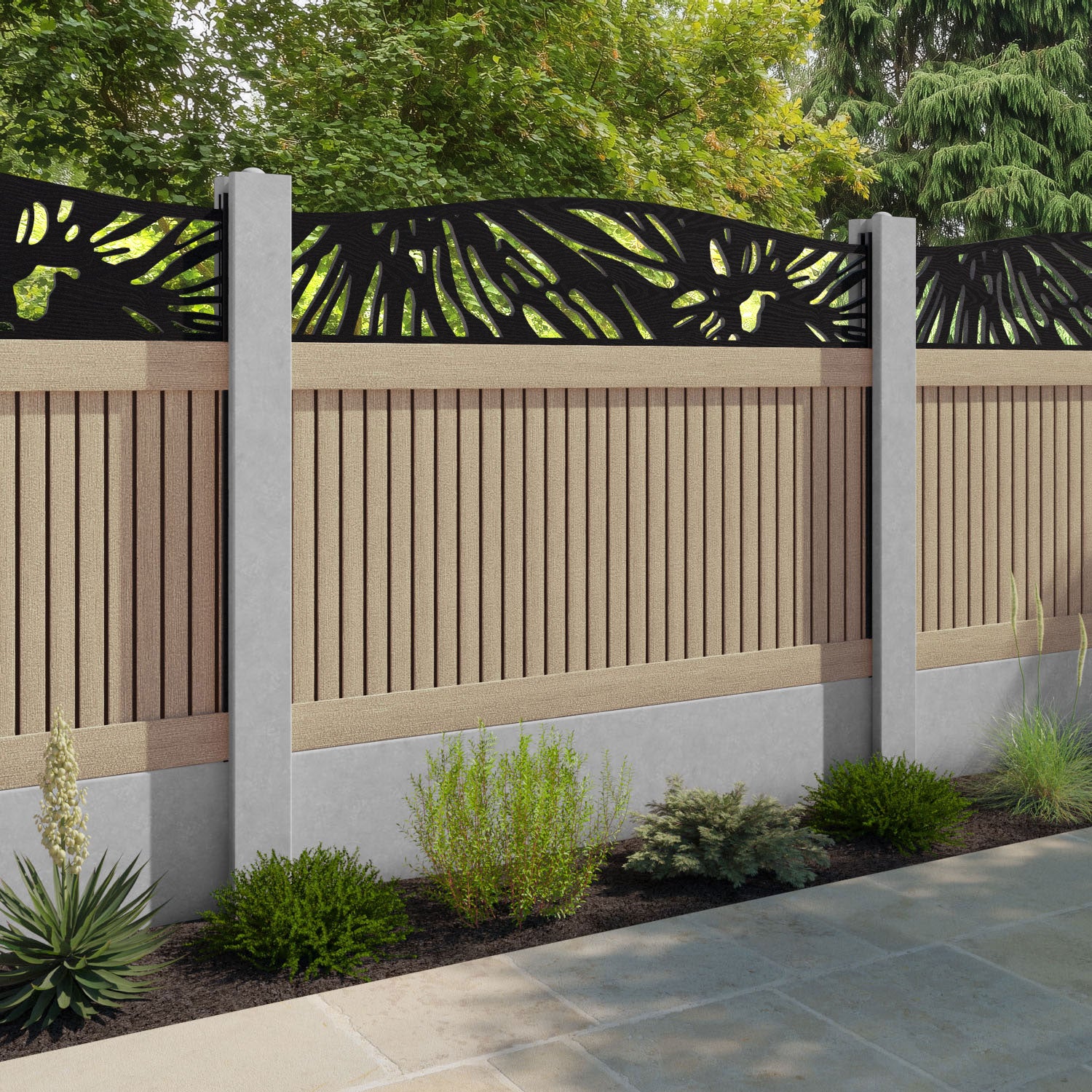 Virtis Poppy Curved Top Fence Panel - Light Oak - for existing concrete posts