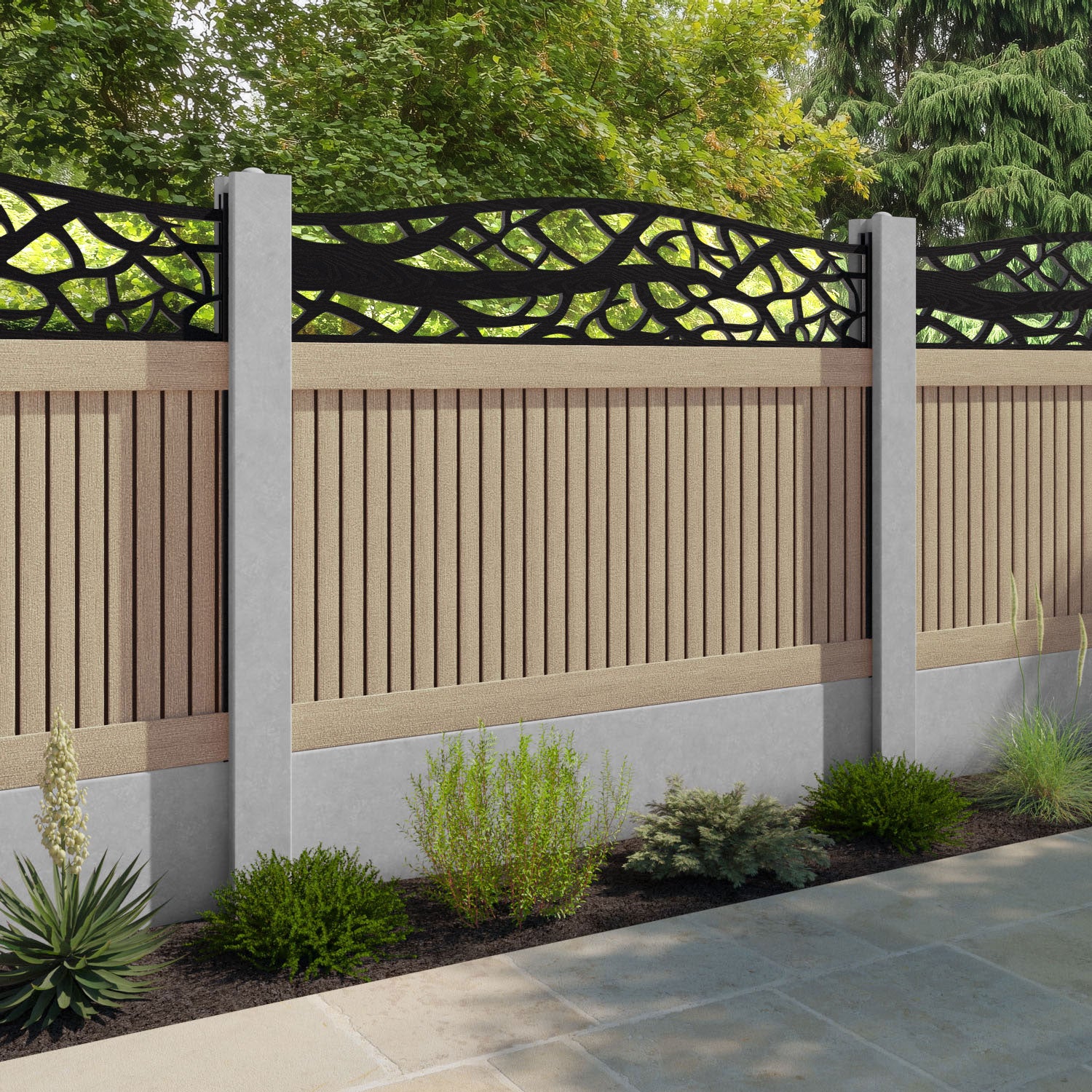 Virtis Twilight Curved Top Fence Panel - Light Oak - for existing concrete posts
