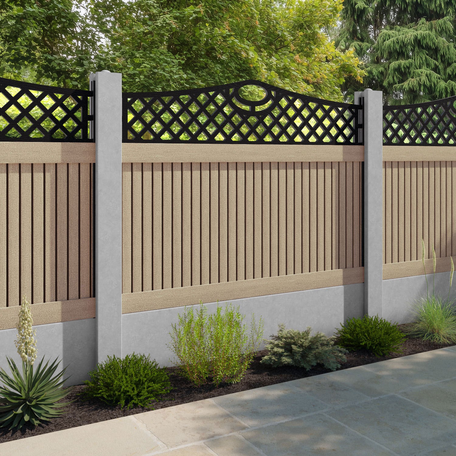Virtis Oxford Curved Top Fence Panel - Light Oak - for existing concrete posts